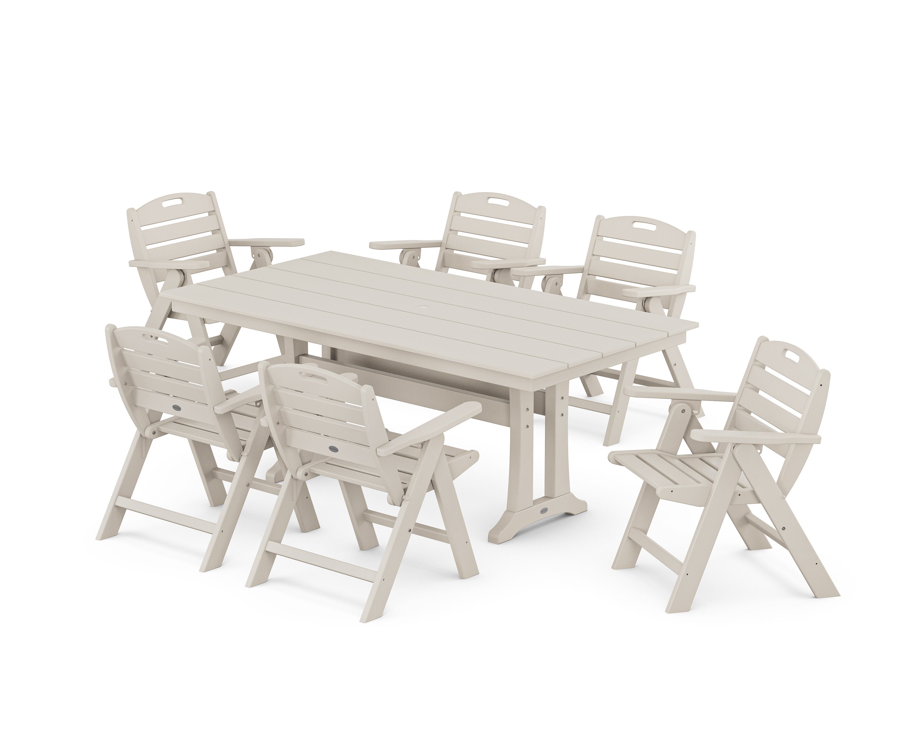 Nautical Lowback 7-Piece Farmhouse Dining Set with Trestle Legs in Sand