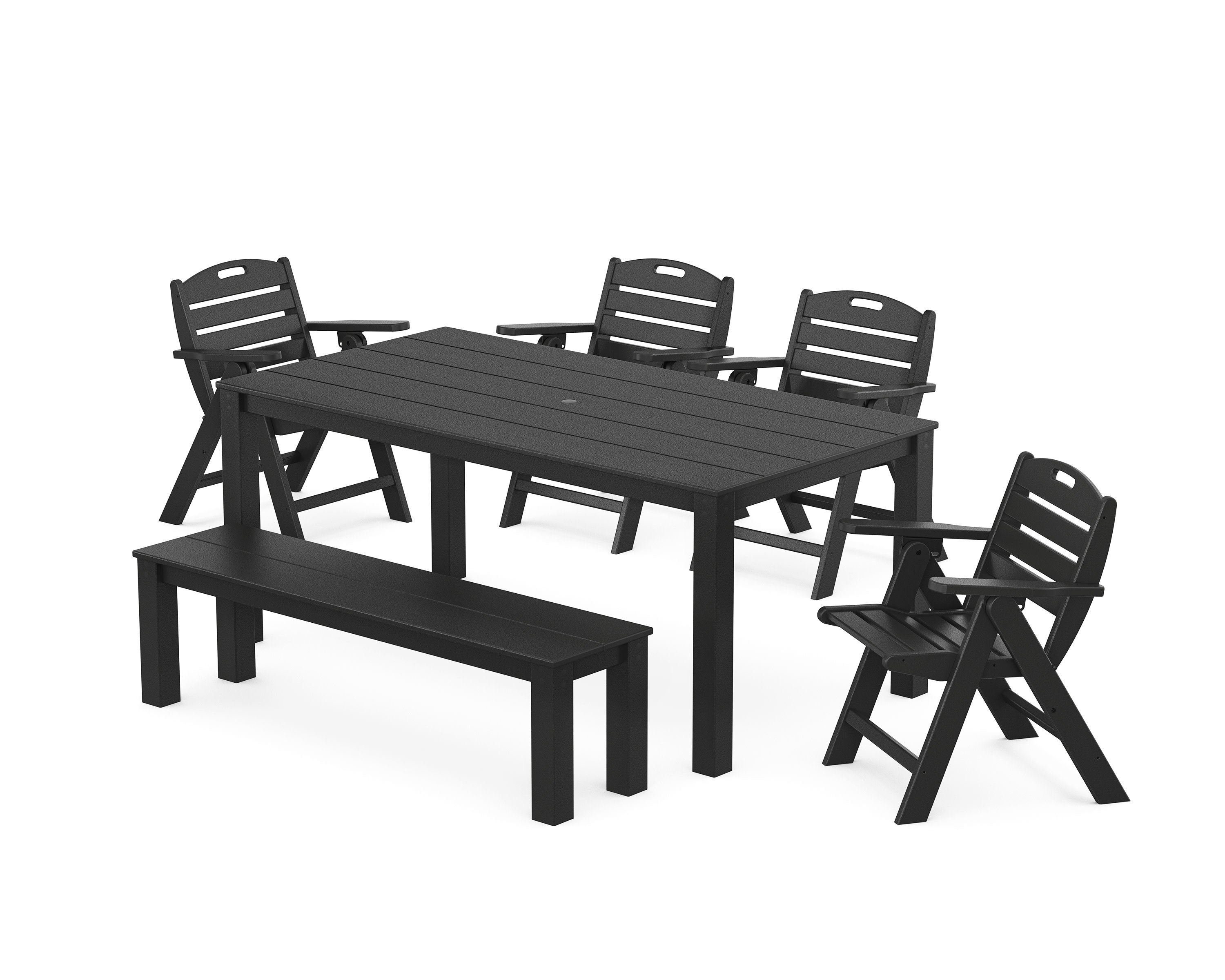 Nautical Folding Lowback Chair 6-Piece Parsons Dining Set with Bench in Black