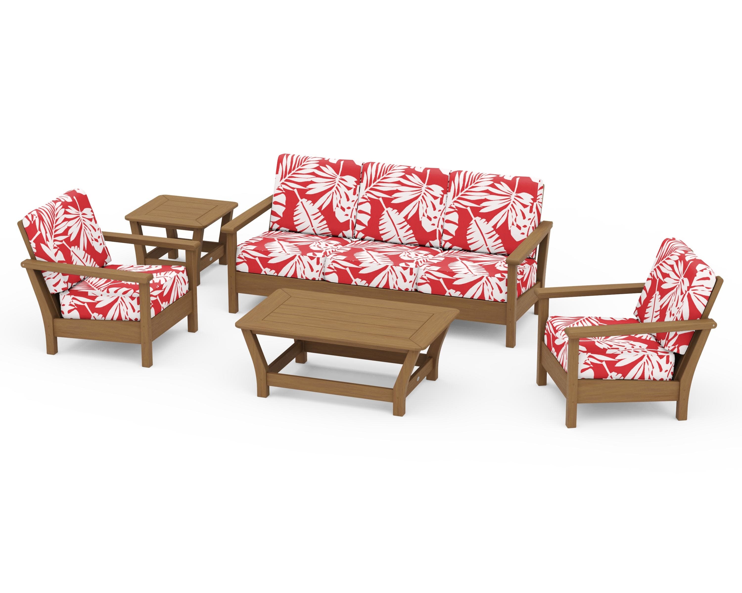 Harbour 5-Piece Deep Seating Set in Natural / Leaf Crimson