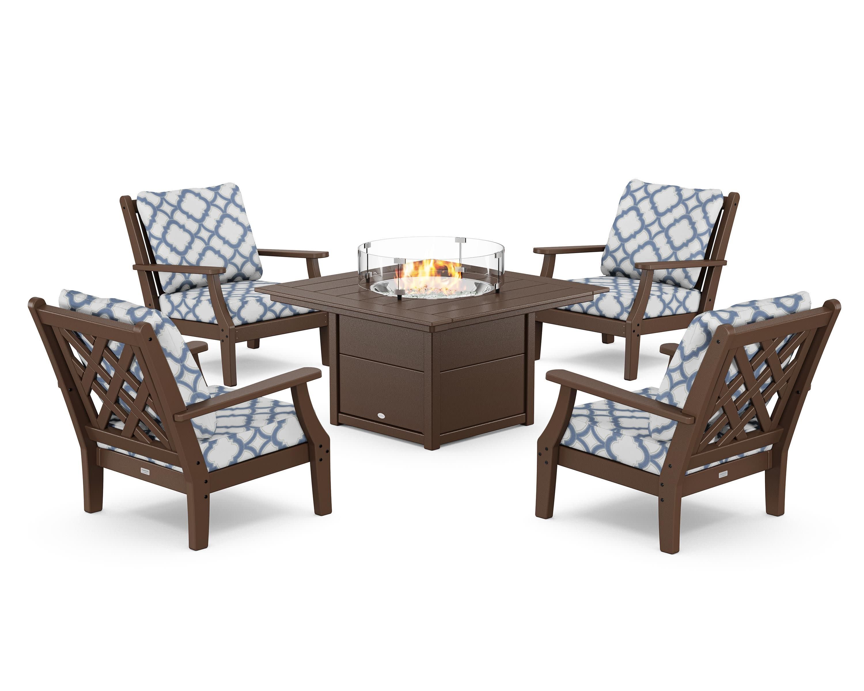 Wovendale 5-Piece Deep Seating Set with Fire Pit Table in Mahogany / Trellis Sky Blue