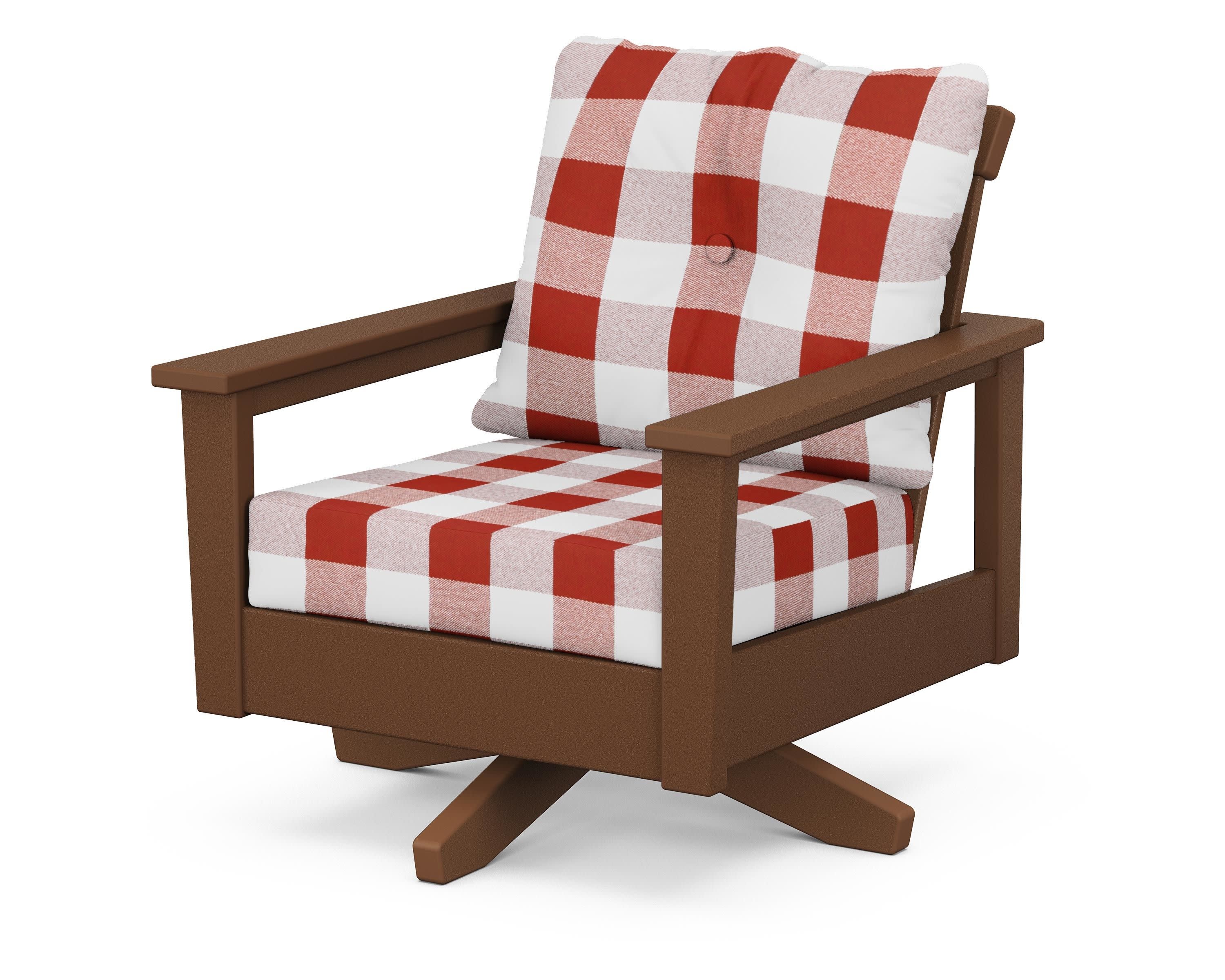 Prescott Deep Seating Swivel Chair in Teak / Buffalo Plaid Crimson