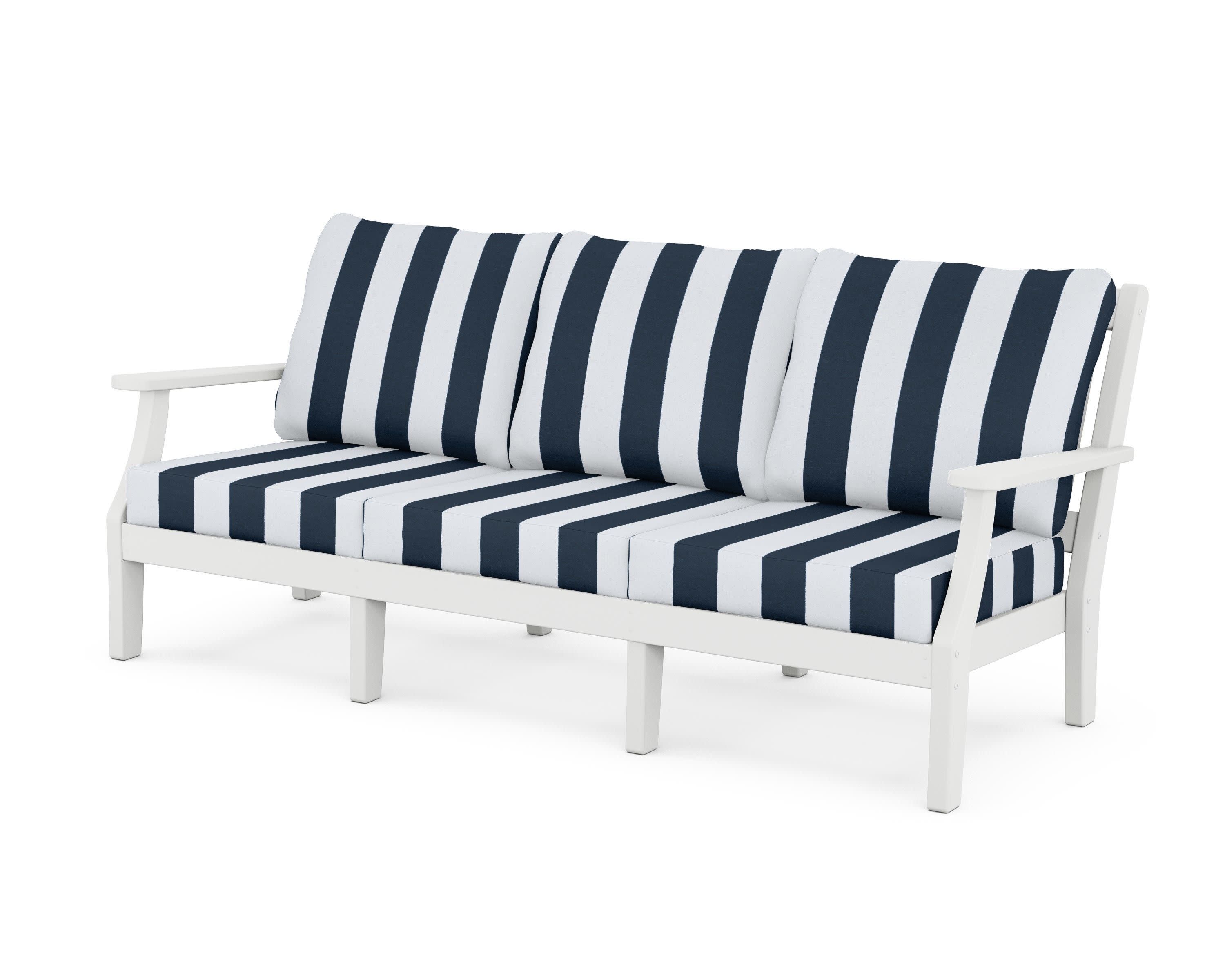Chinoiserie Deep Seating Sofa in White / Cabana Stripe Marine Indigo