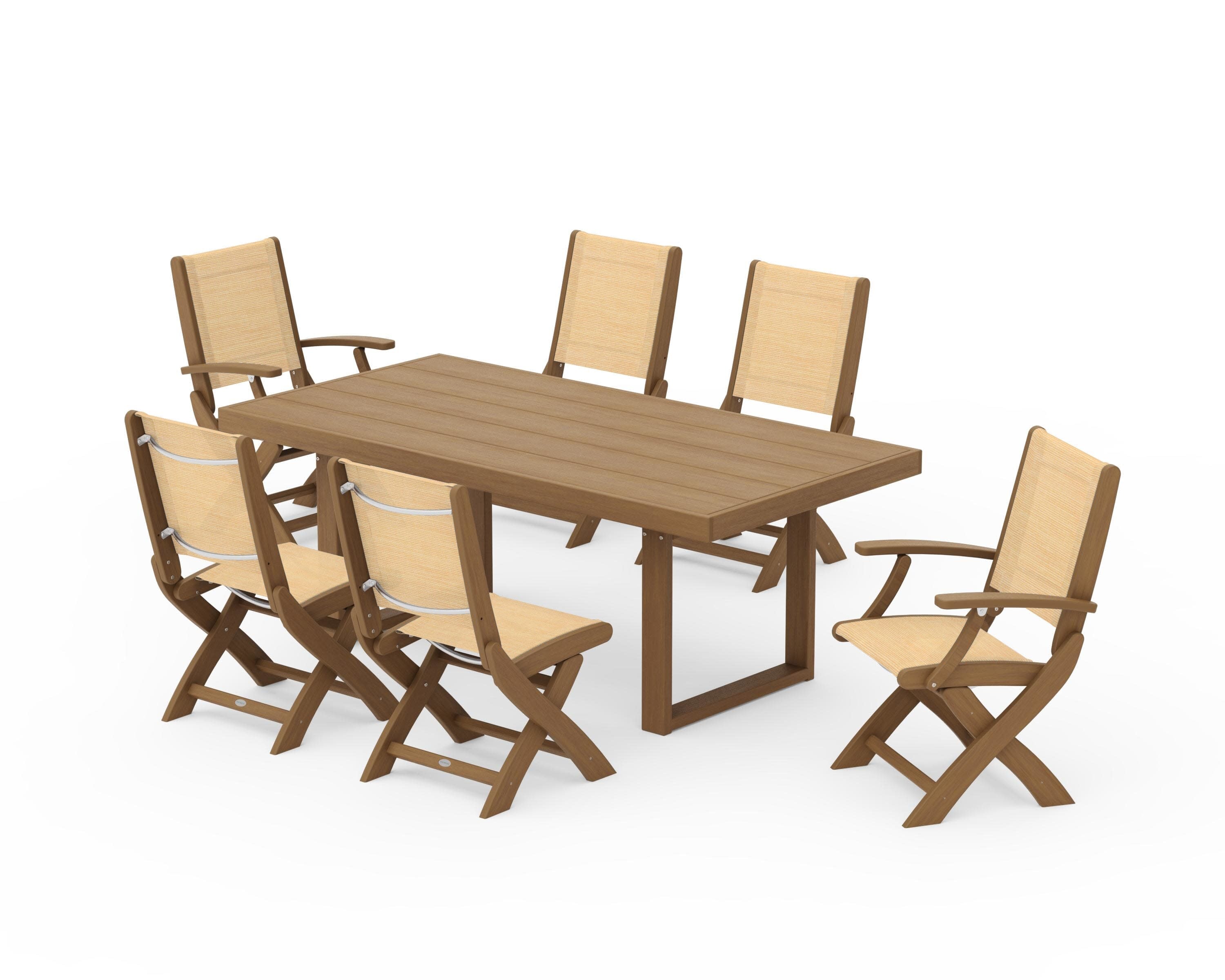 Coastal Folding Chair 7-Piece Dining Set with Trestle Legs in Natural / Dupioni Apricot Sling