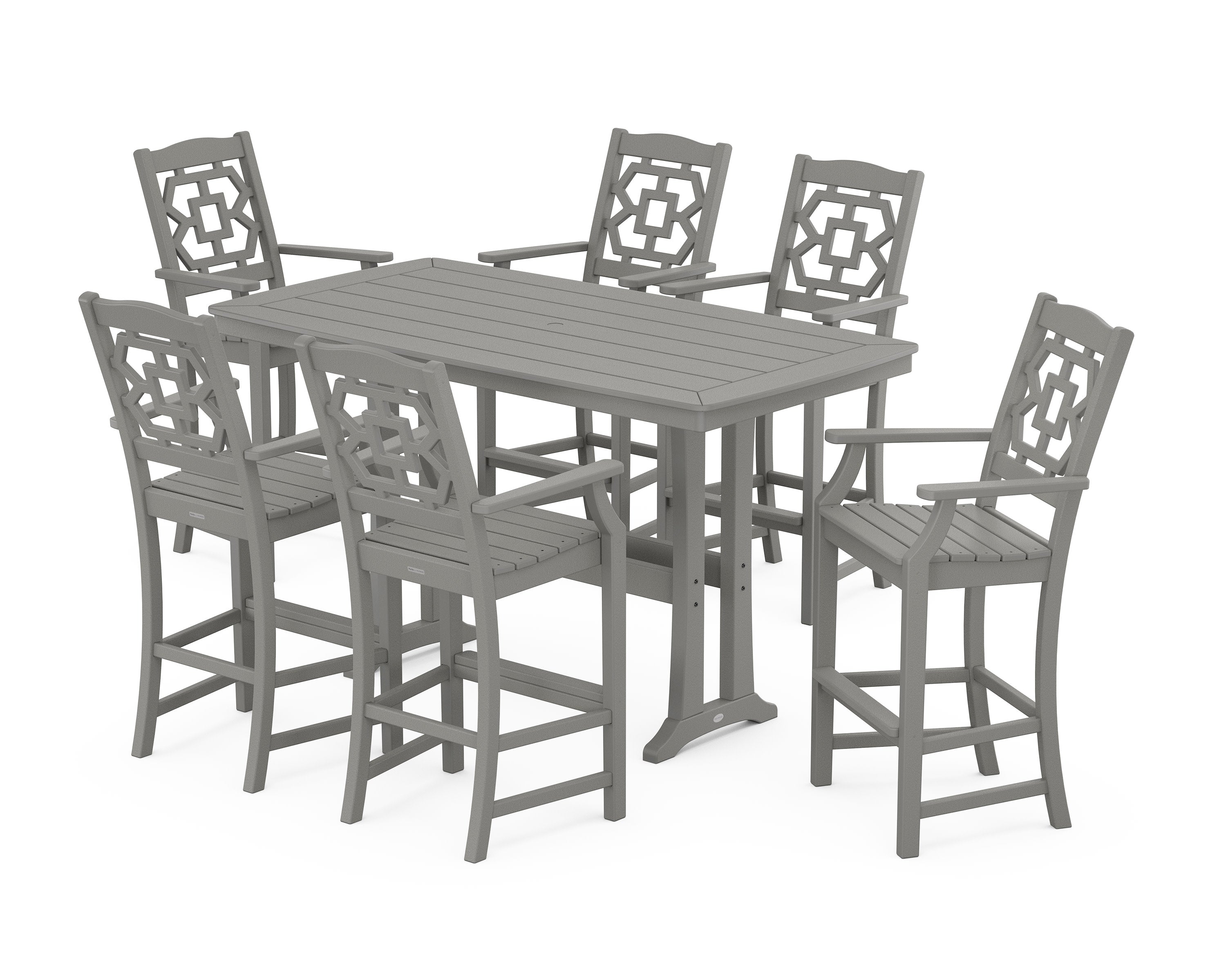 Chinoiserie Arm Chair 7-Piece Bar Set with Trestle Legs in Slate Grey