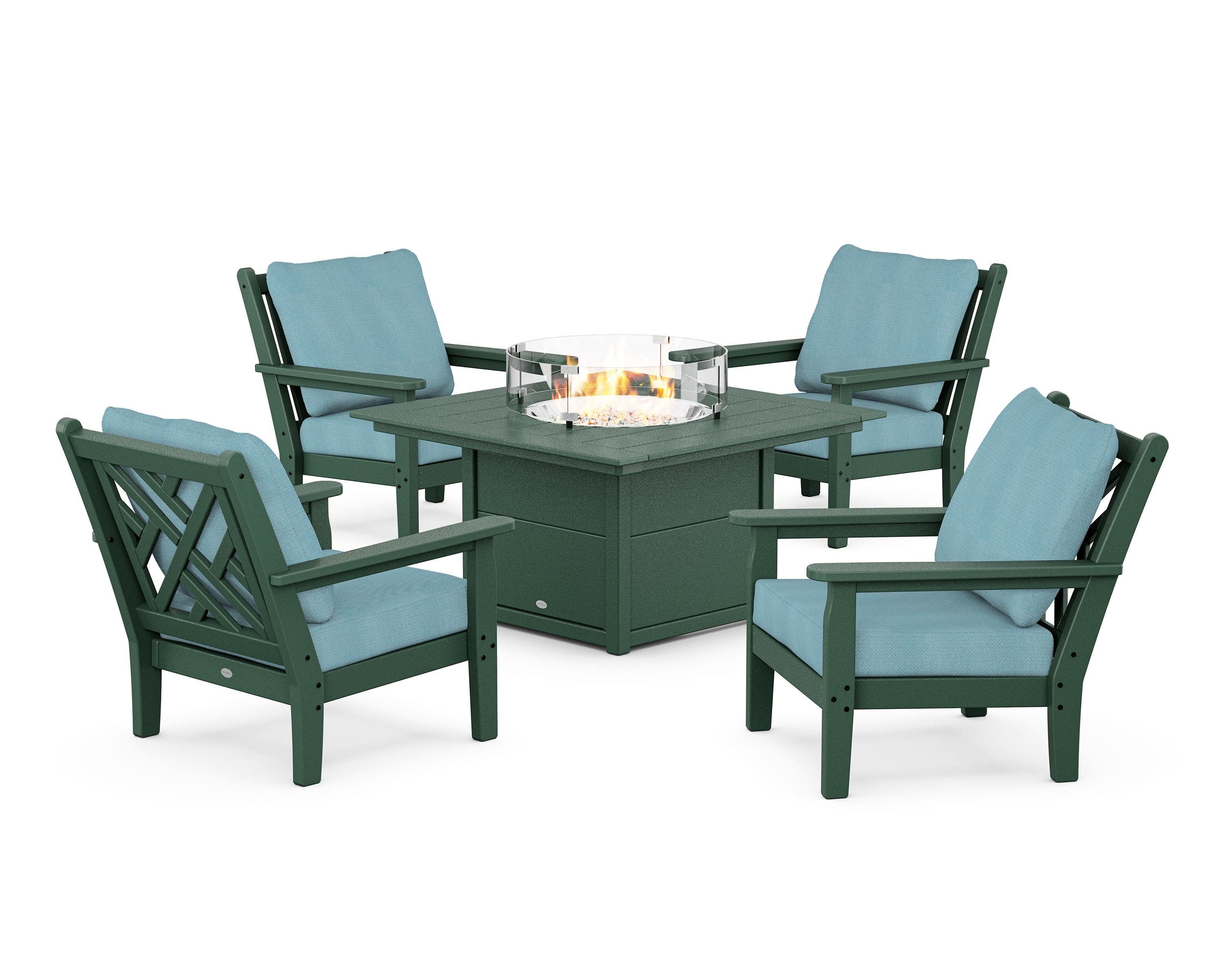Chippendale 5-Piece Deep Seating Set with Fire Pit Table in Green / Lattice Sky Blue
