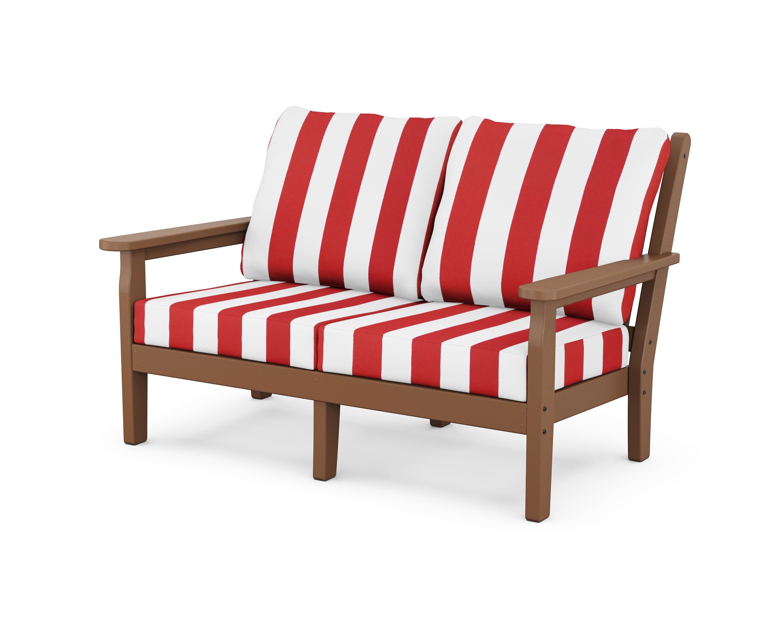 Chippendale Deep Seating Loveseat in Teak / Cabana Stripe Crimson