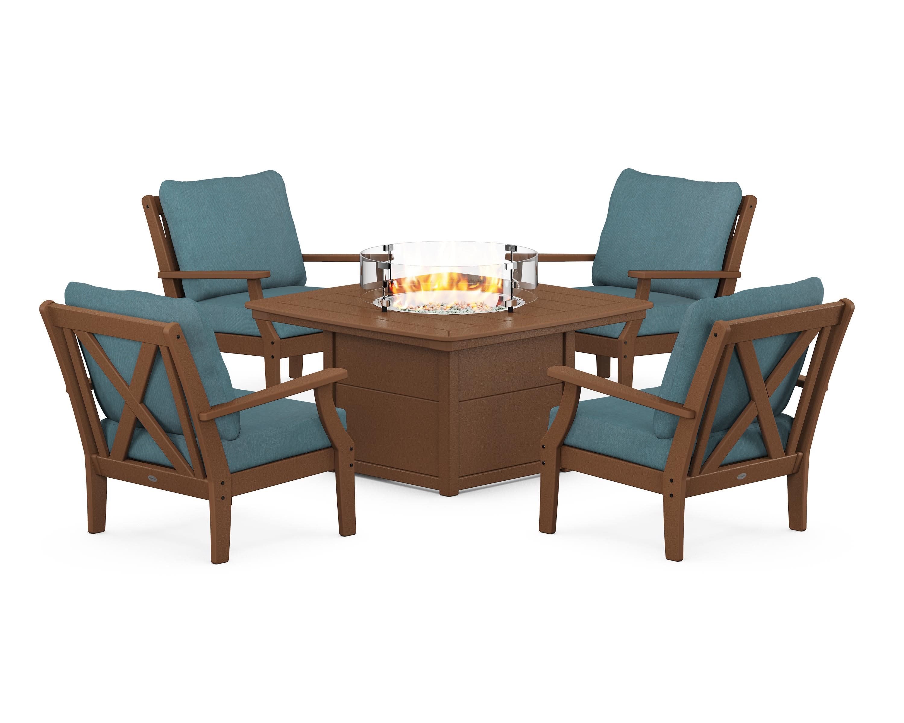 Braxton 5-Piece Deep Seating Conversation Set with Fire Pit Table in Teak / Ocean Teal