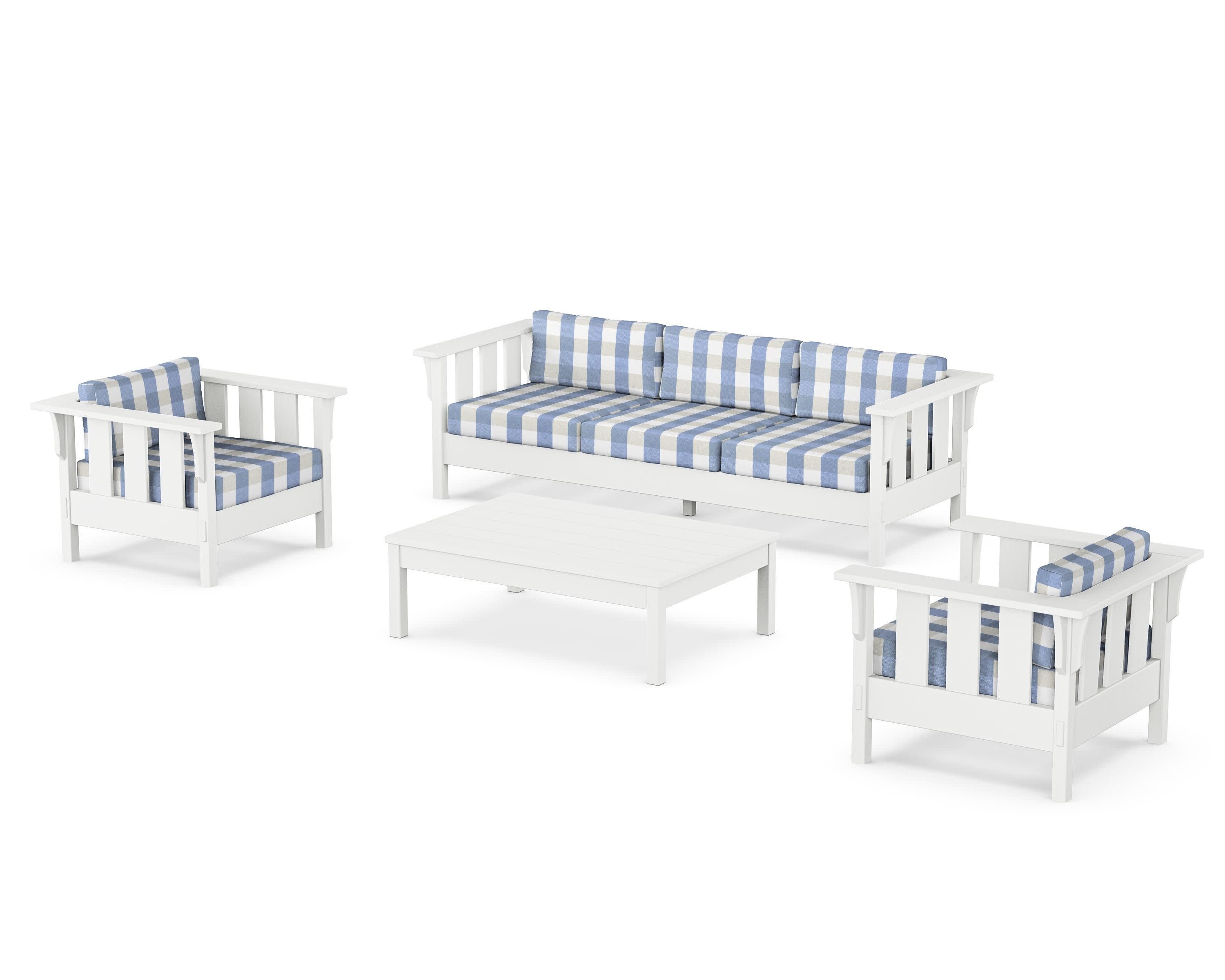 Acadia 4-Piece Deep Seating Set with Sofa in White / Buffalo Plaid Sky Blue