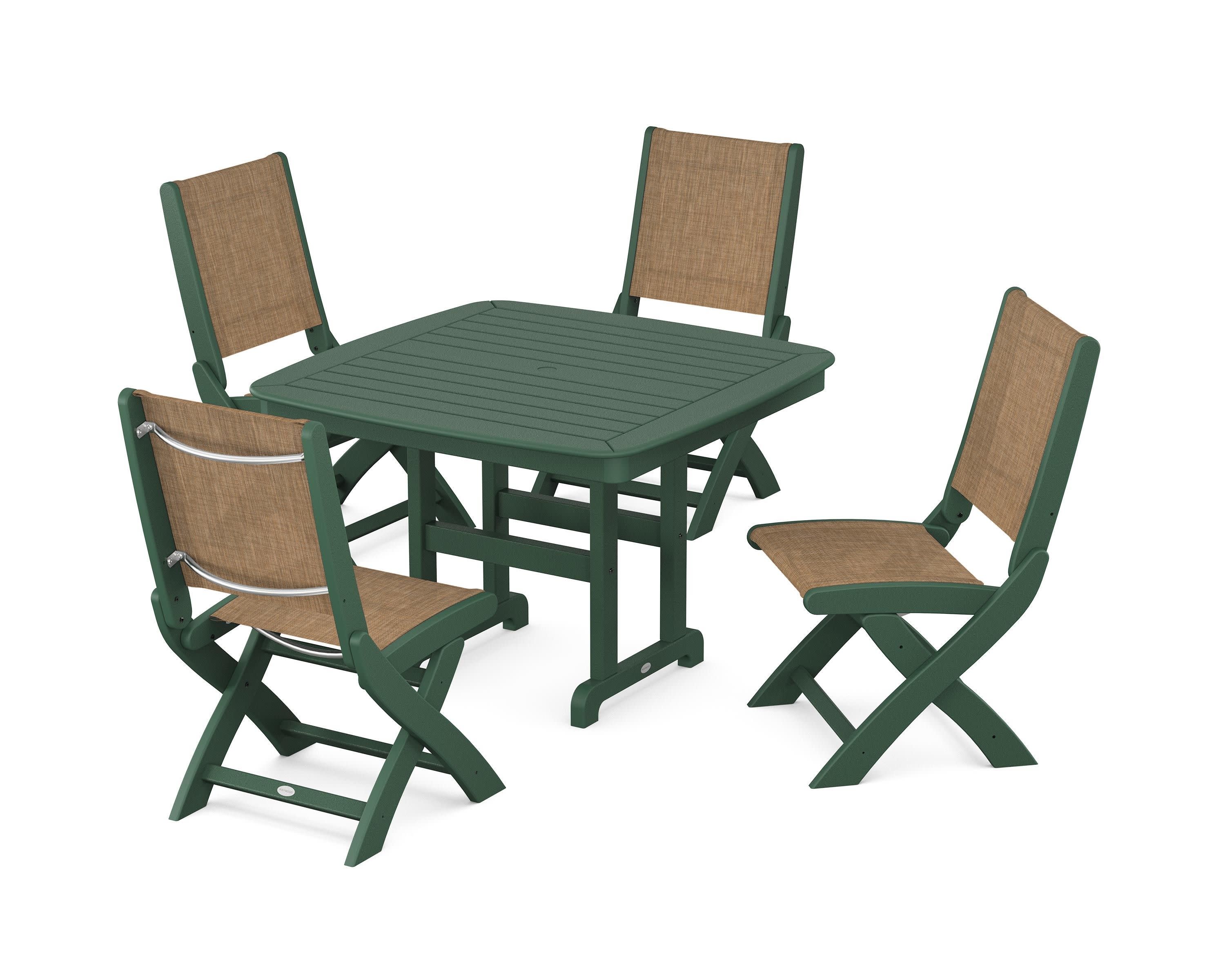 Coastal Folding Side Chair 5-Piece Dining Set in Green / Burlap Sling