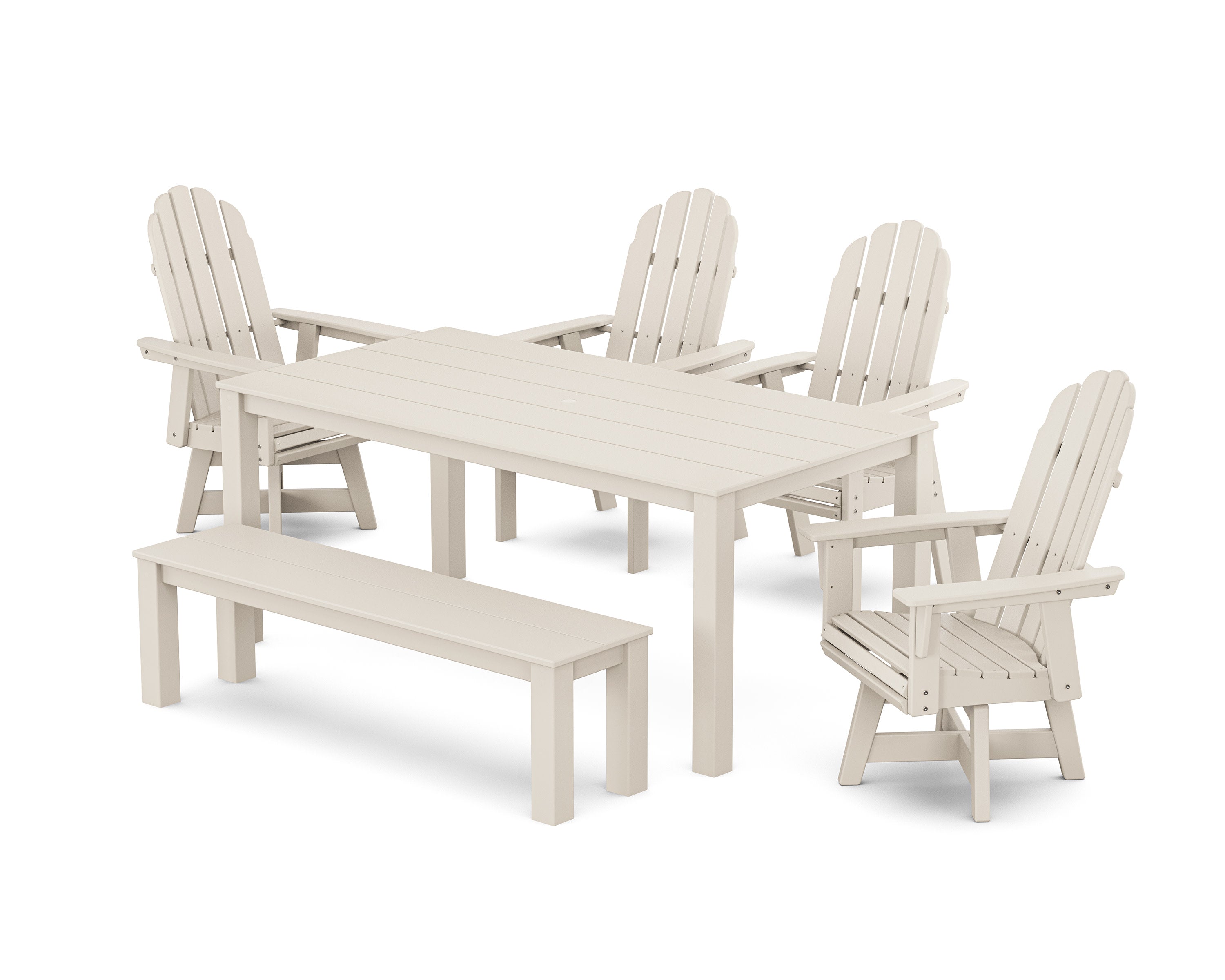 Vineyard Curveback Adirondack 6-Piece Parsons Swivel Dining Set with Bench in Sand