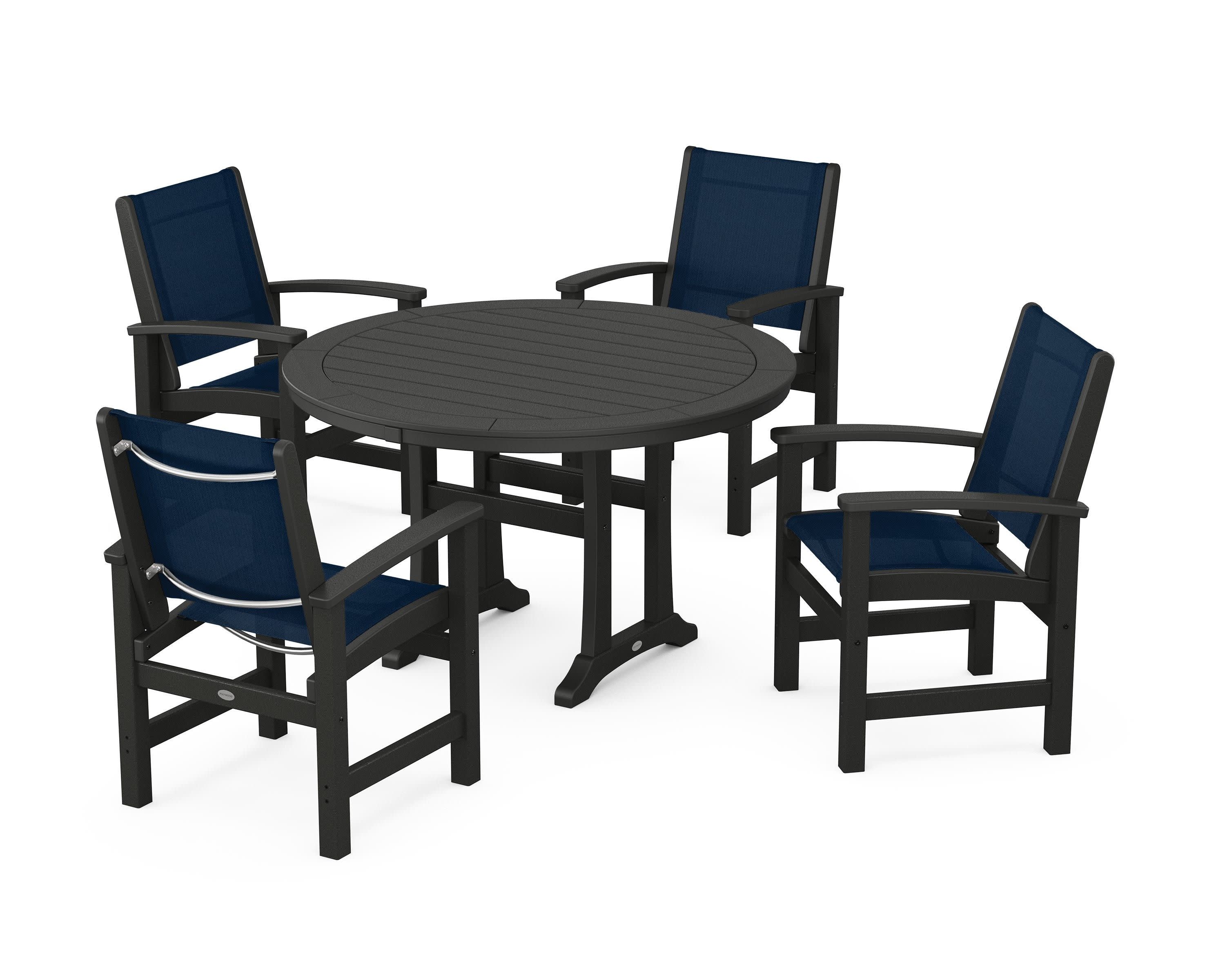 Coastal 5-Piece Round Dining Set with Trestle Legs in Black / Navy Blue Sling