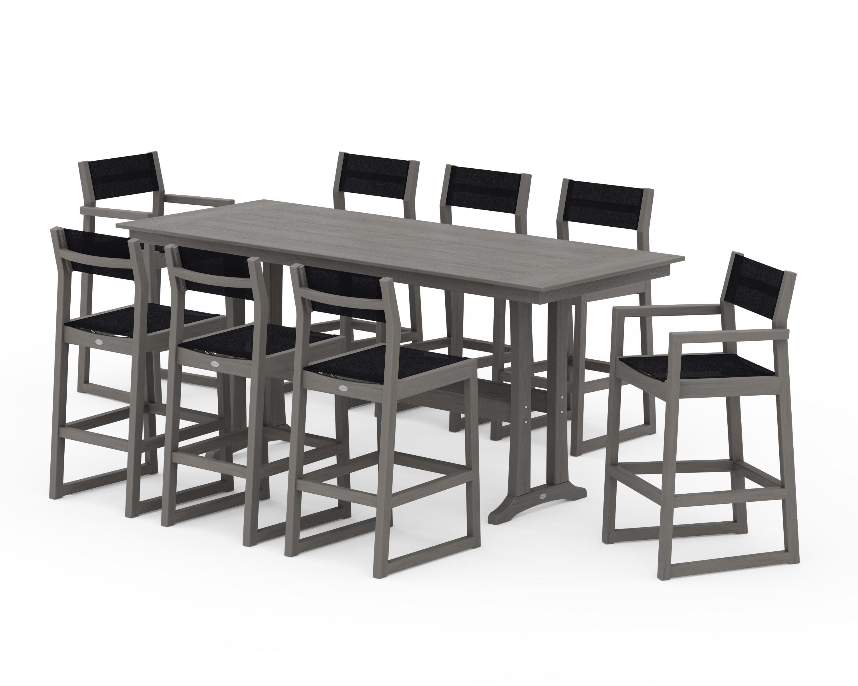 EDGE Sling 9-Piece Farmhouse Bar Set with Trestle Legs in Driftwood / Black Sling