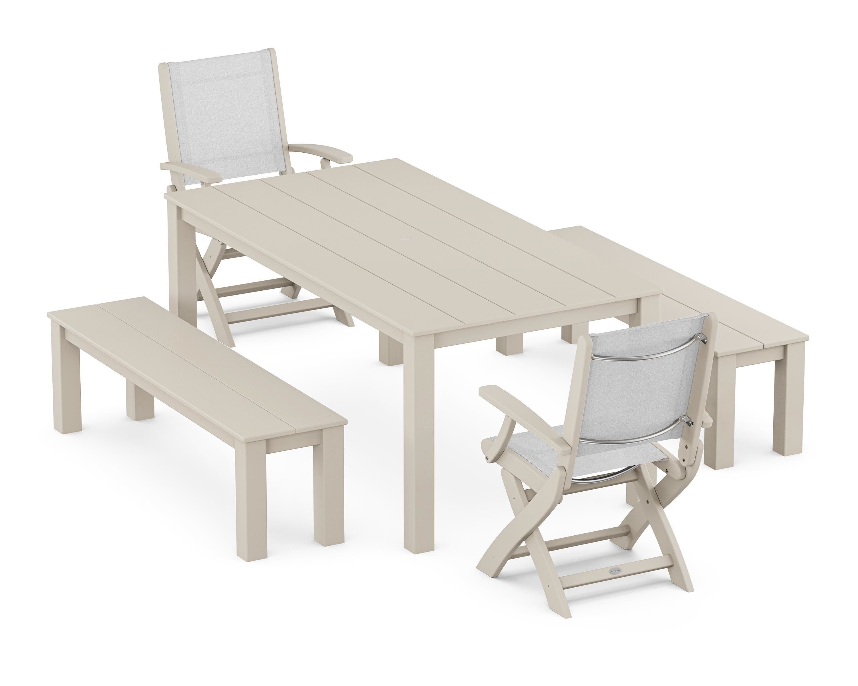 Coastal Folding Chair 5-Piece Parsons Dining Set with Benches in Sand / White Sling