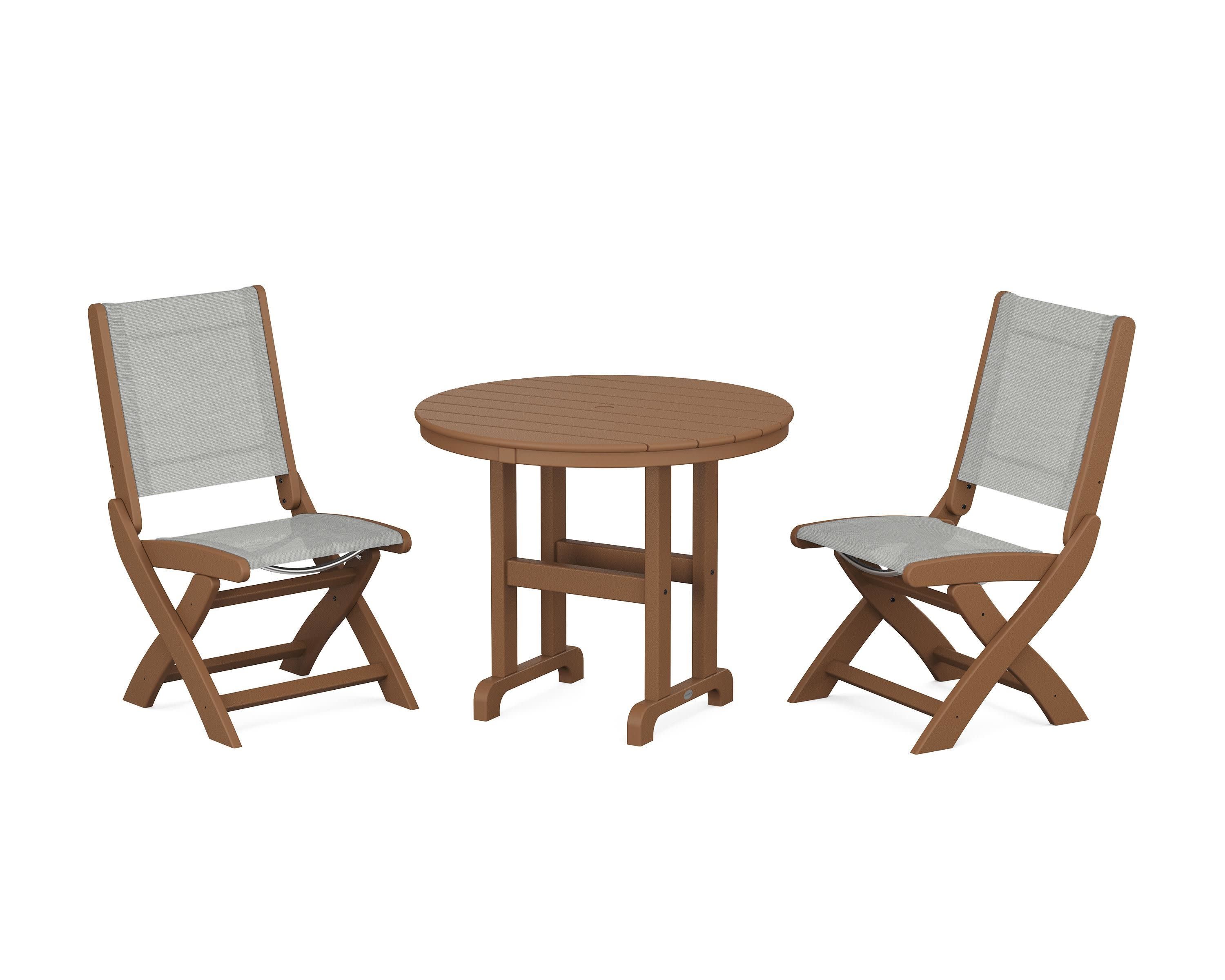 Coastal Folding Side Chair 3-Piece Round Dining Set in Teak / Metallic Sling