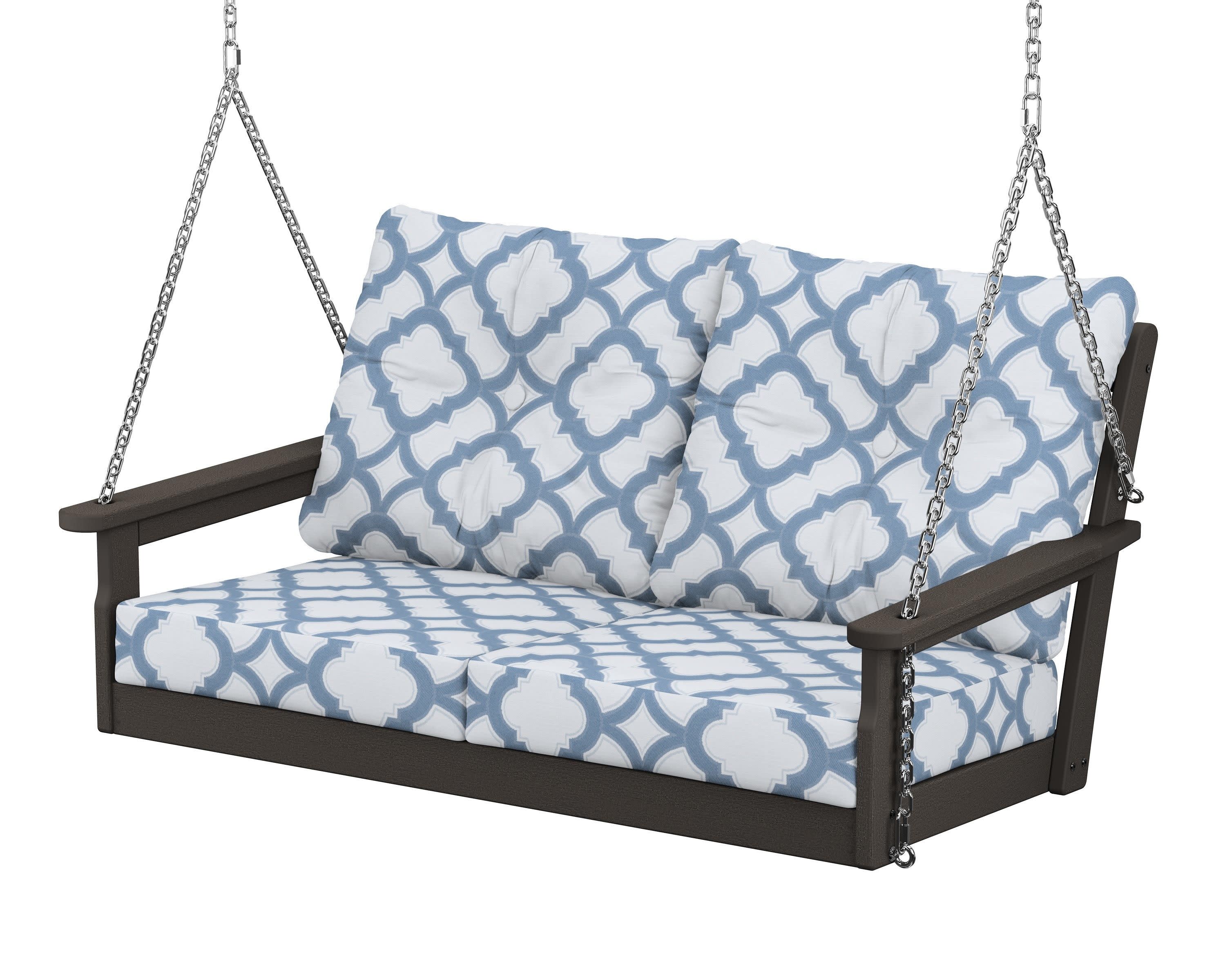 Vineyard Deep Seating Swing in Vintage Coffee / Trellis Sky Blue
