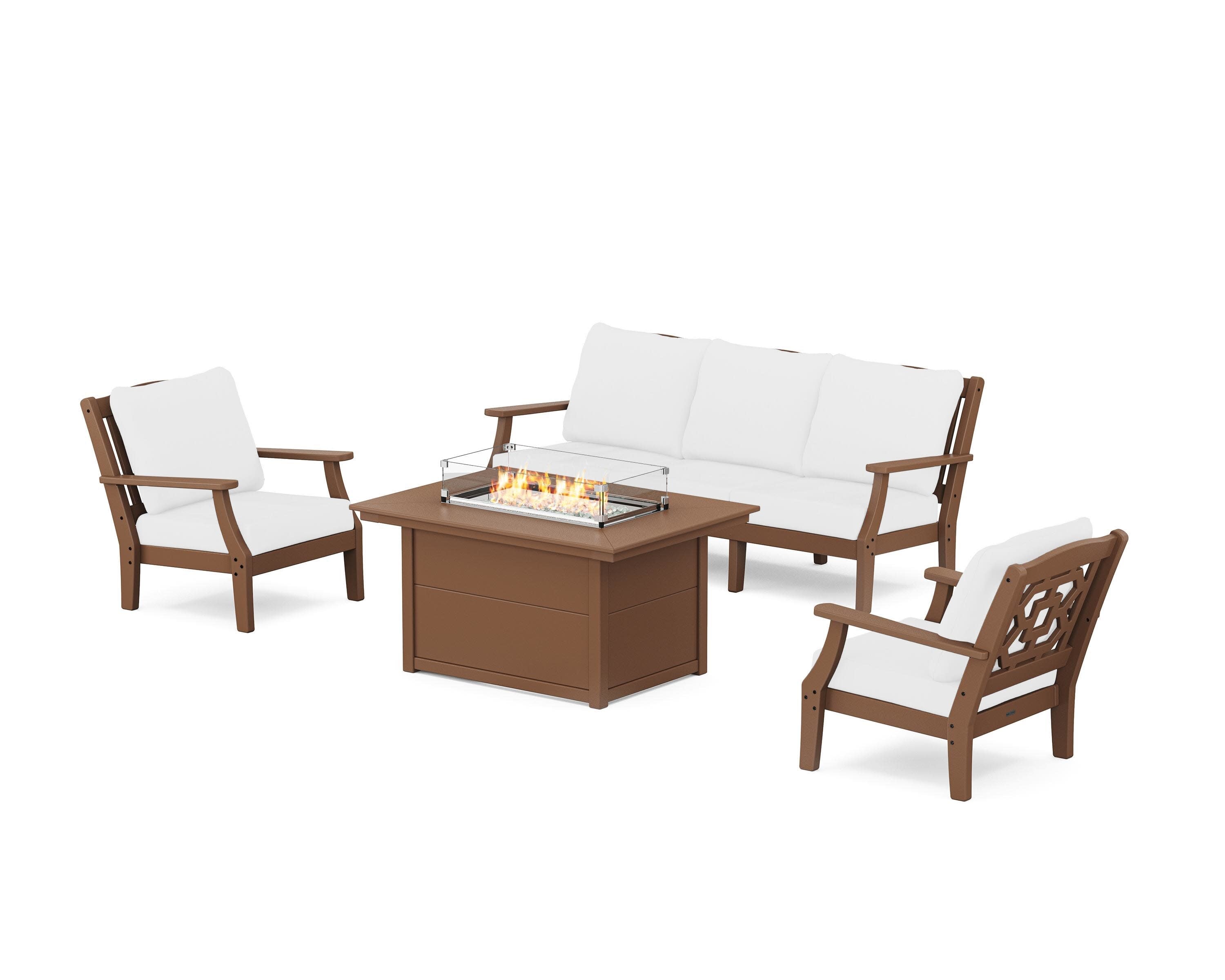 Chinoiserie Deep Seating Fire Pit Table Set in Teak / Natural