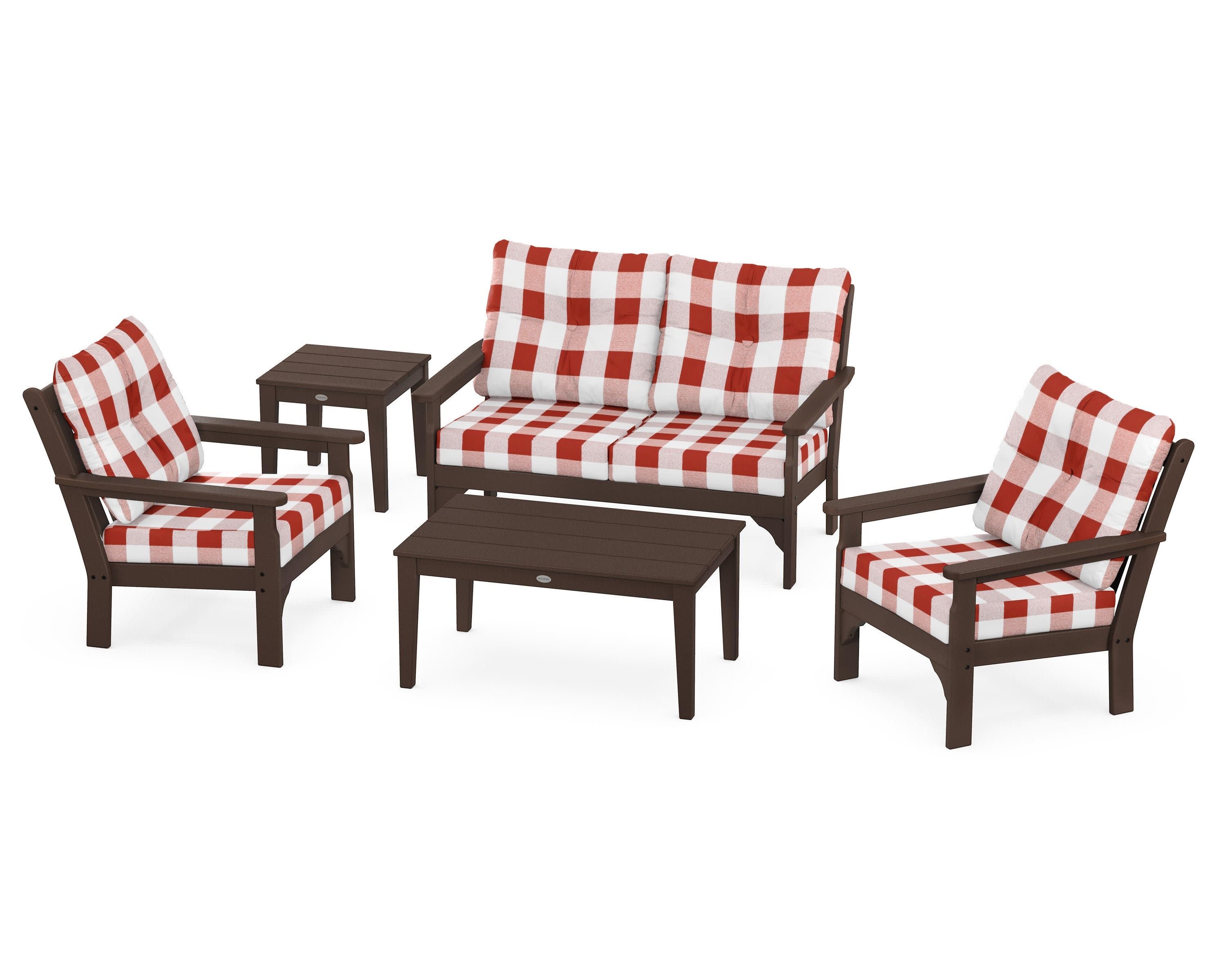 Vineyard 5-Piece Deep Seating Set in Mahogany / Buffalo Plaid Crimson