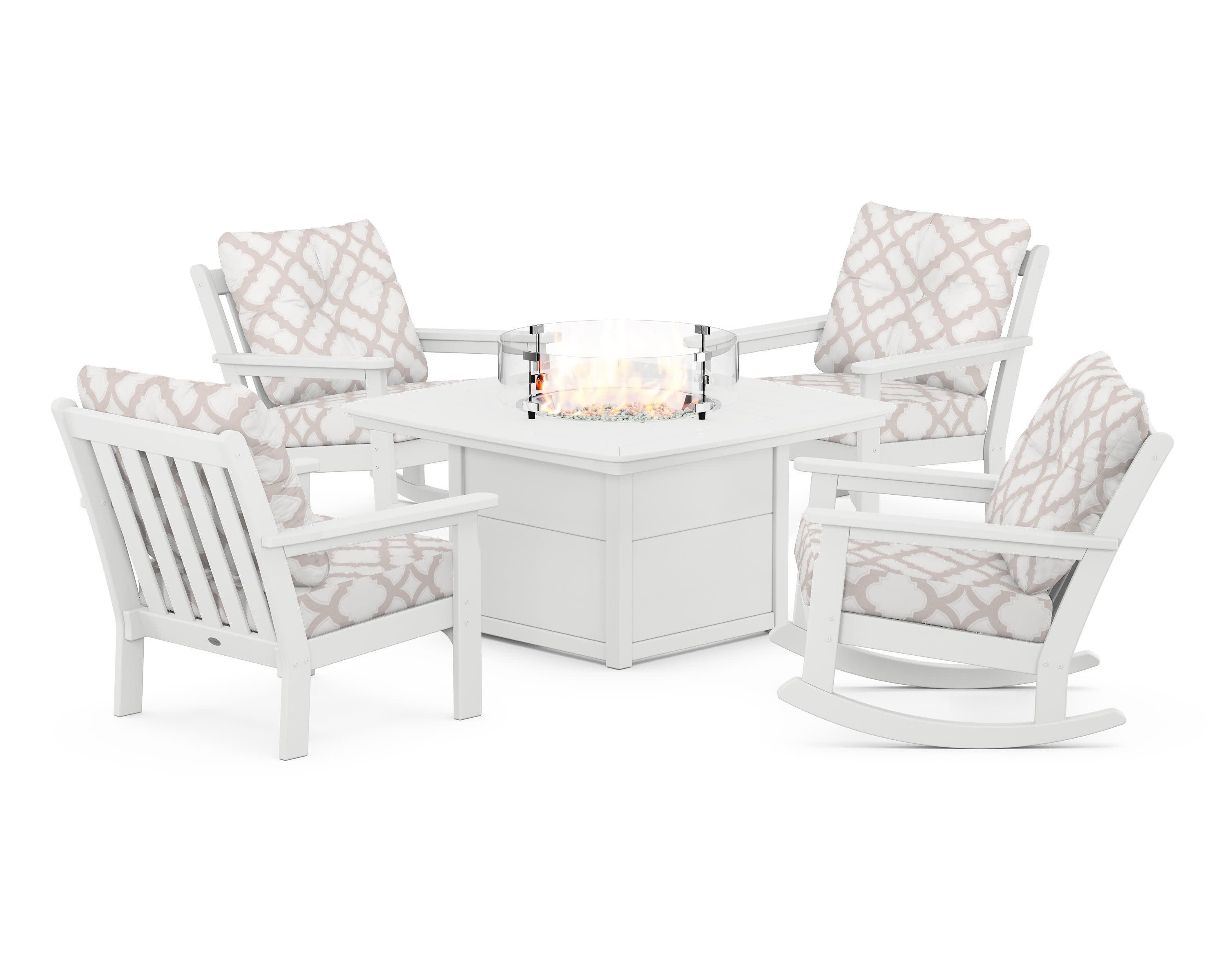 Vineyard 5-Piece Deep Seating Rocking Chair Conversation Set with Fire Pit Table in White / Trellis Dune Burlap