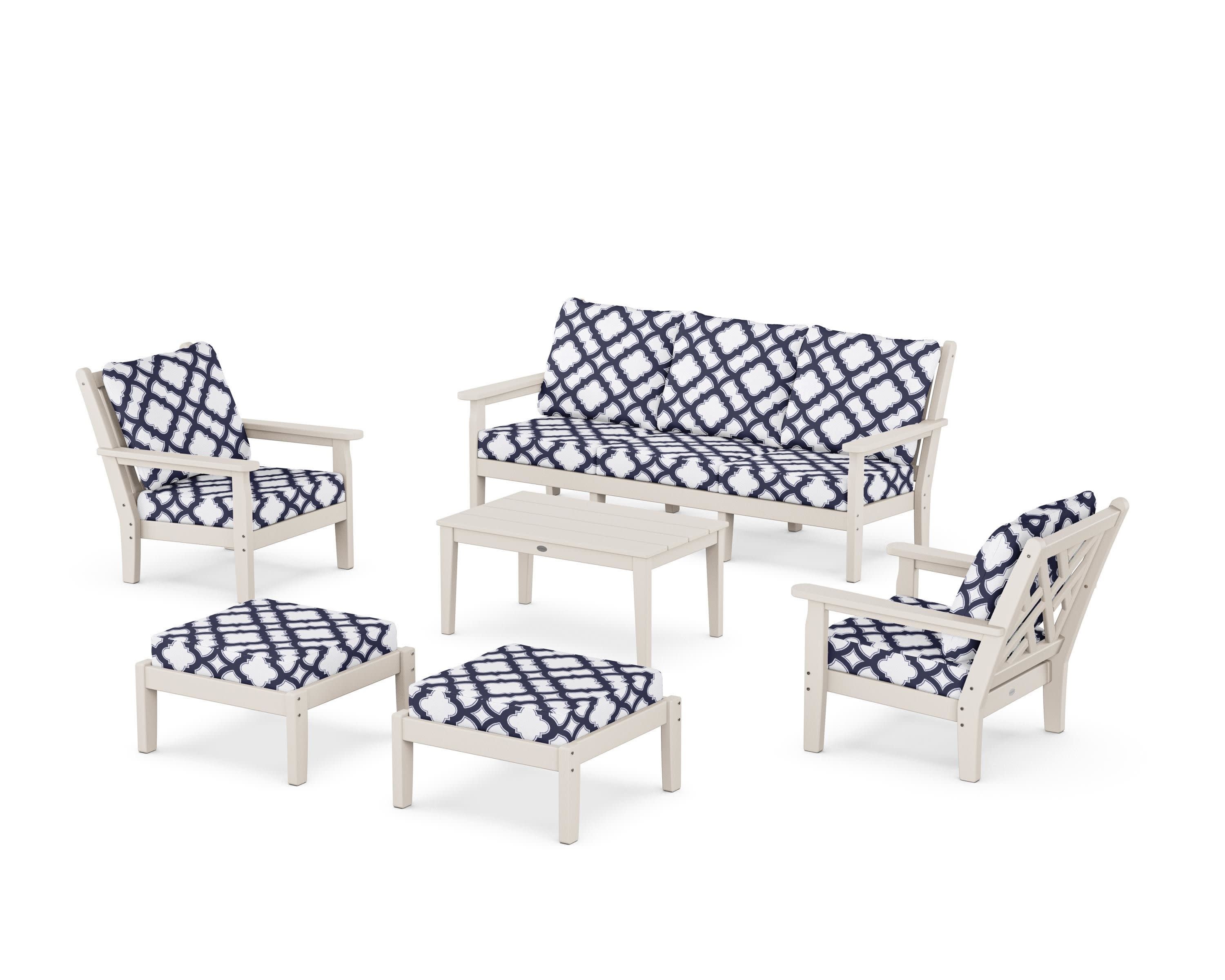 Chippendale 6-Piece Lounge Sofa Set in Sand / Trellis Navy