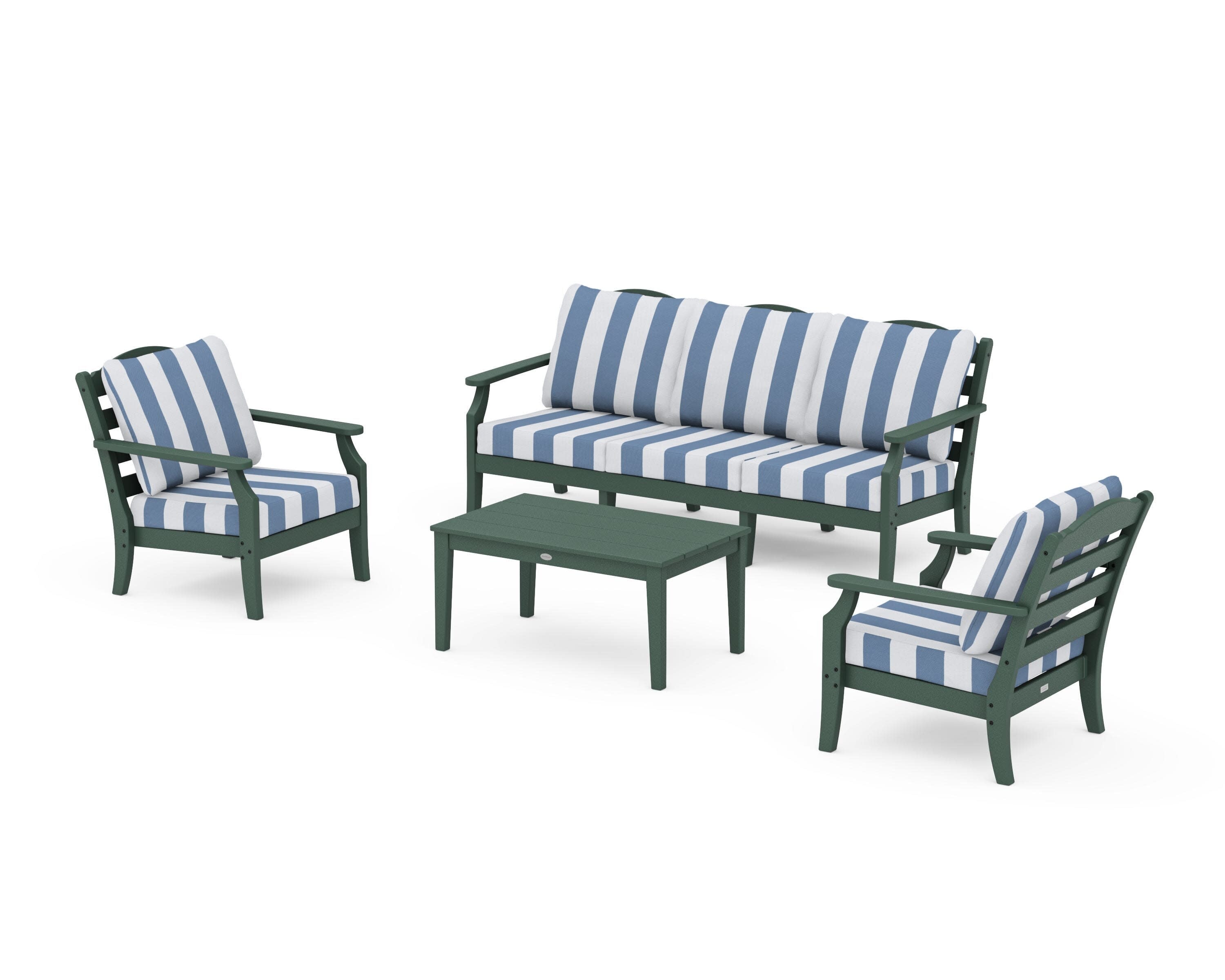 Savannah 4-Piece Deep Seating Set with Sofa in Green / Cabana Stripe Sky Blue