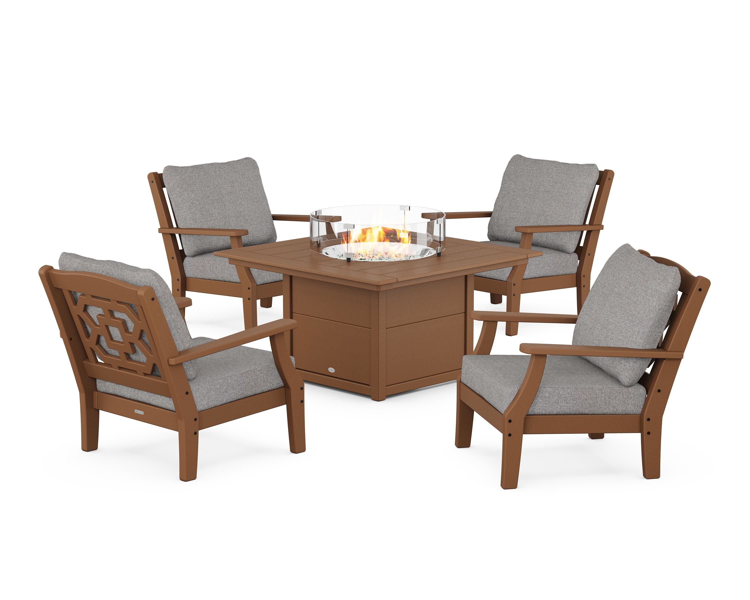 Chinoiserie 5-Piece Deep Seating Set with Fire Pit Table in Teak / Grey Mist