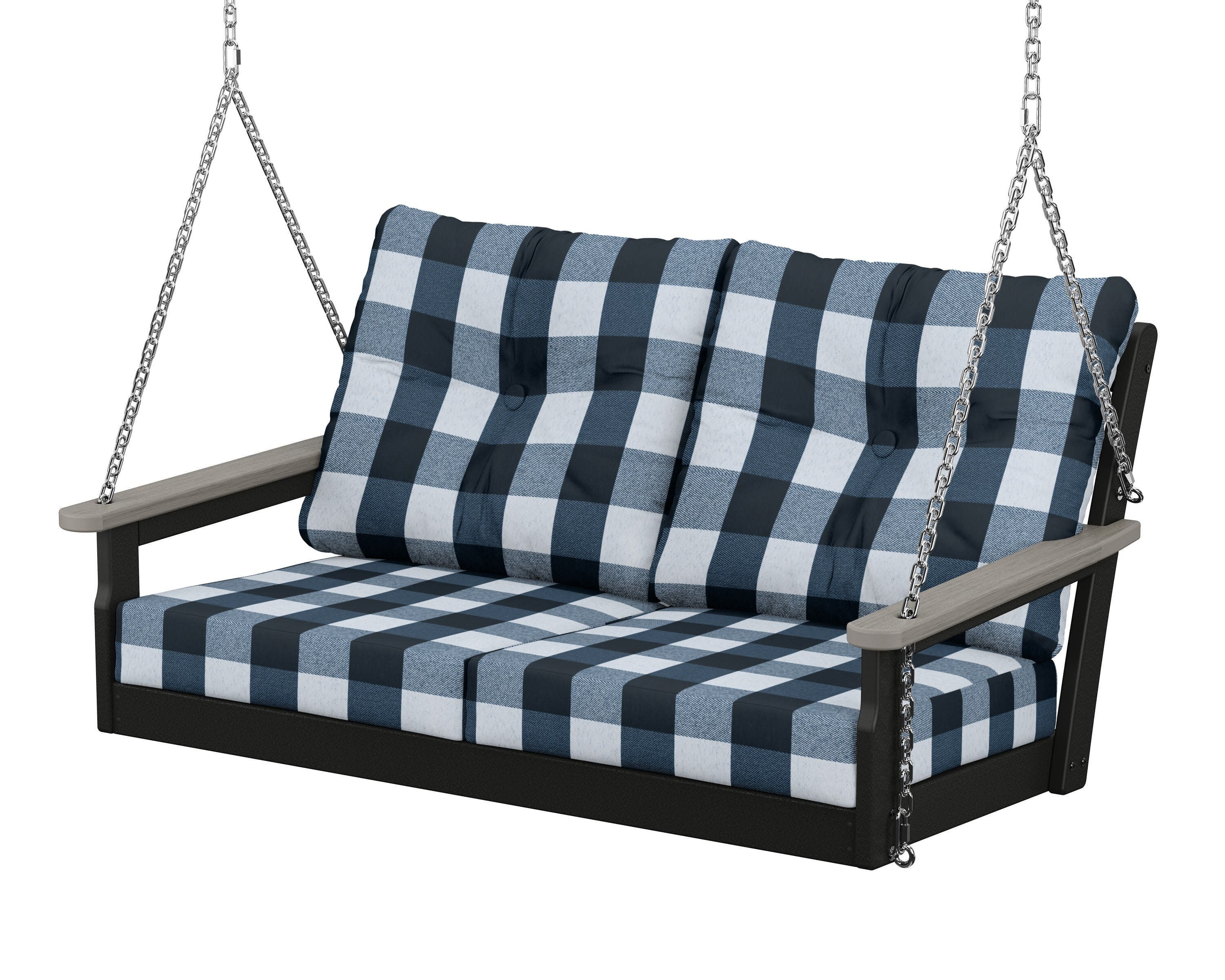 Vineyard Deep Seating Swing in Black / Driftwood / Buffalo Plaid Marine Indigo