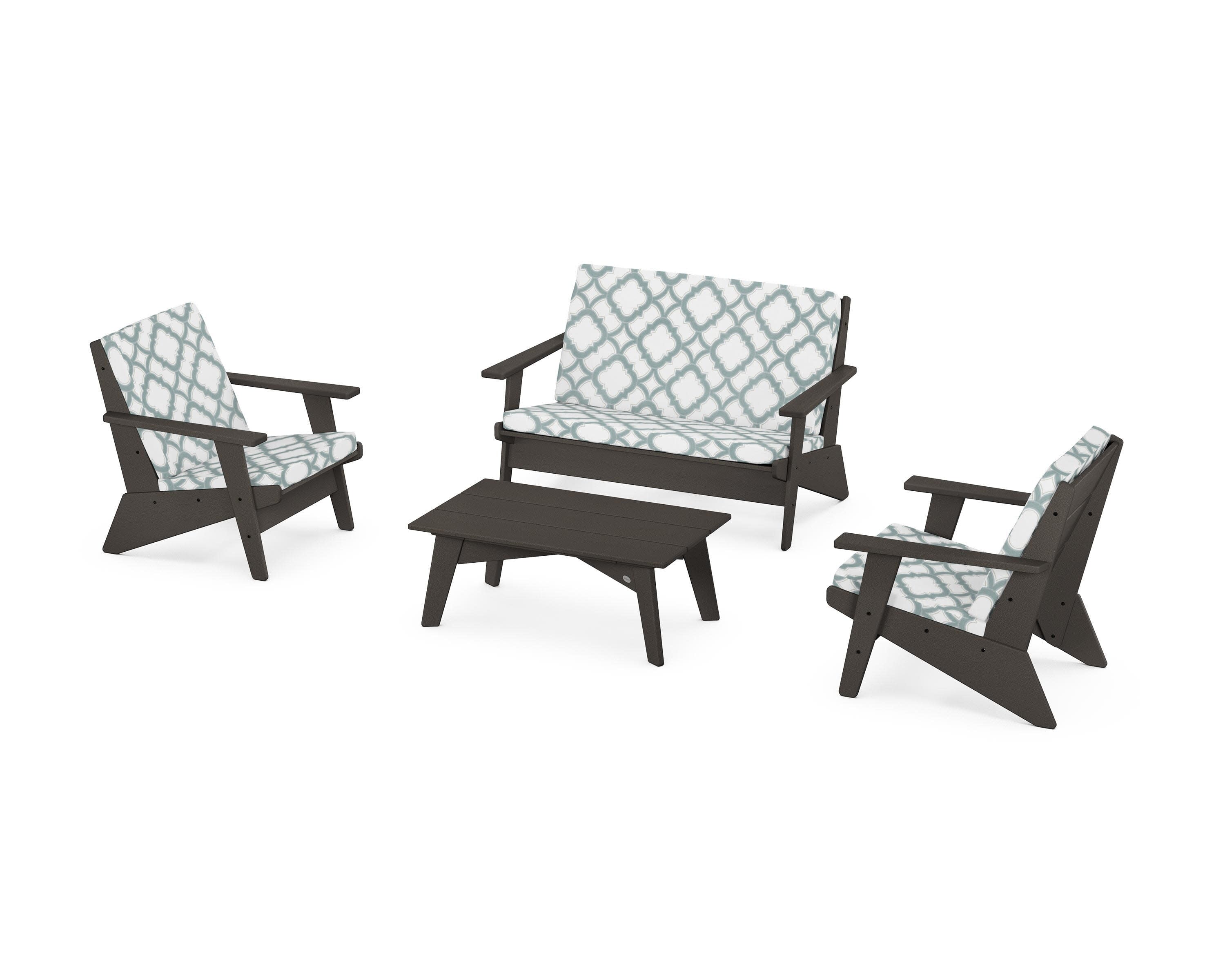Riviera Modern Lounge 4-Piece Set in Vintage Coffee / Trellis Glacier Spa
