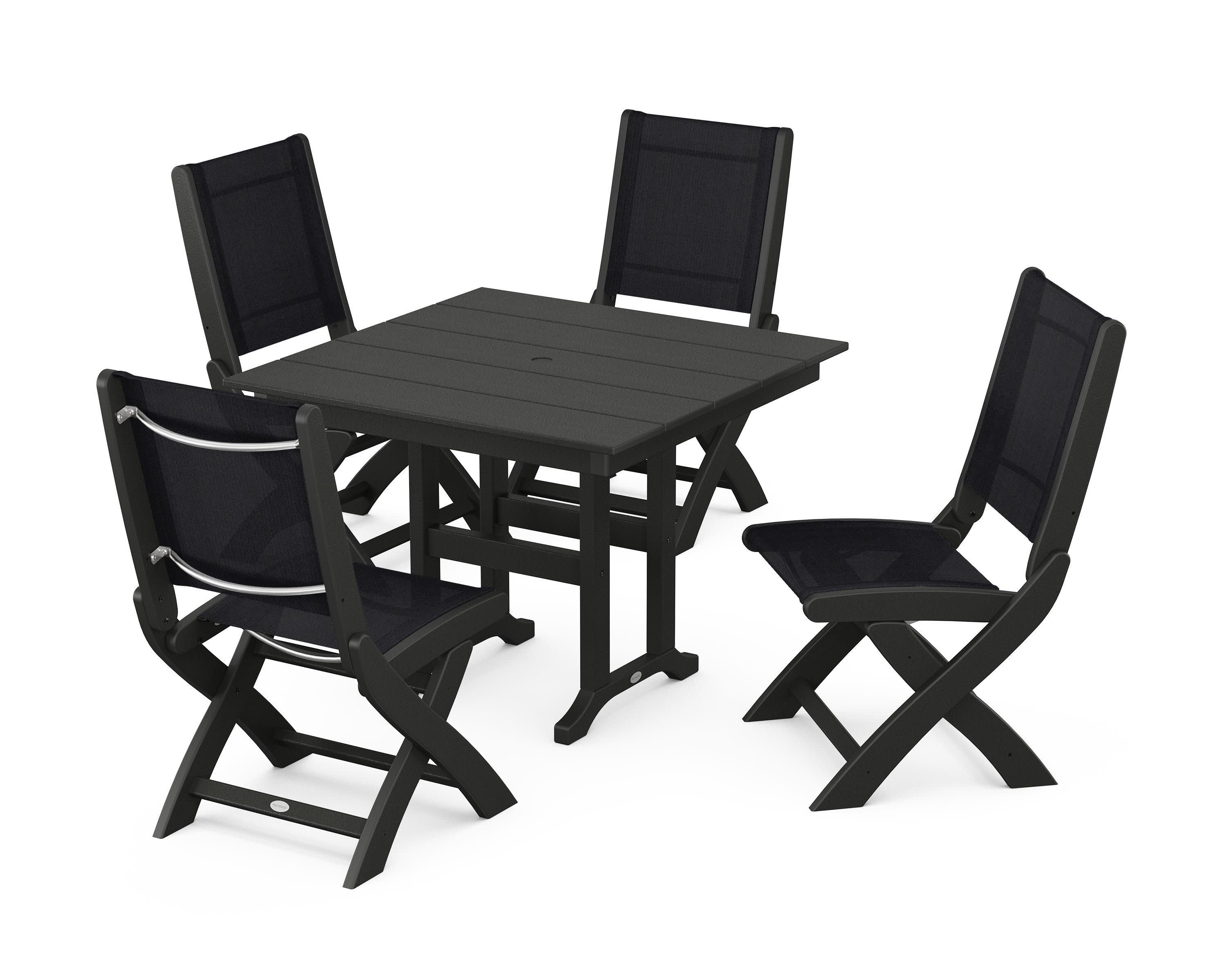 Coastal Folding Side Chair 5-Piece Farmhouse Dining Set in Black / Black Sling