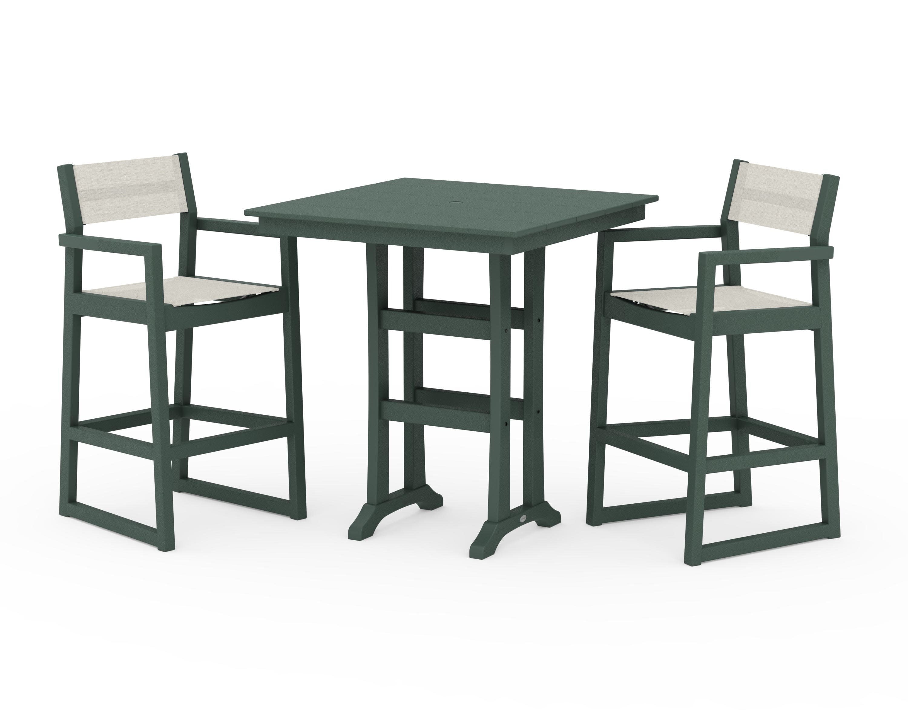 EDGE Sling Arm Chair 3-Piece Farmhouse Bar Set with Trestle Legs in Green / Parchment Sling