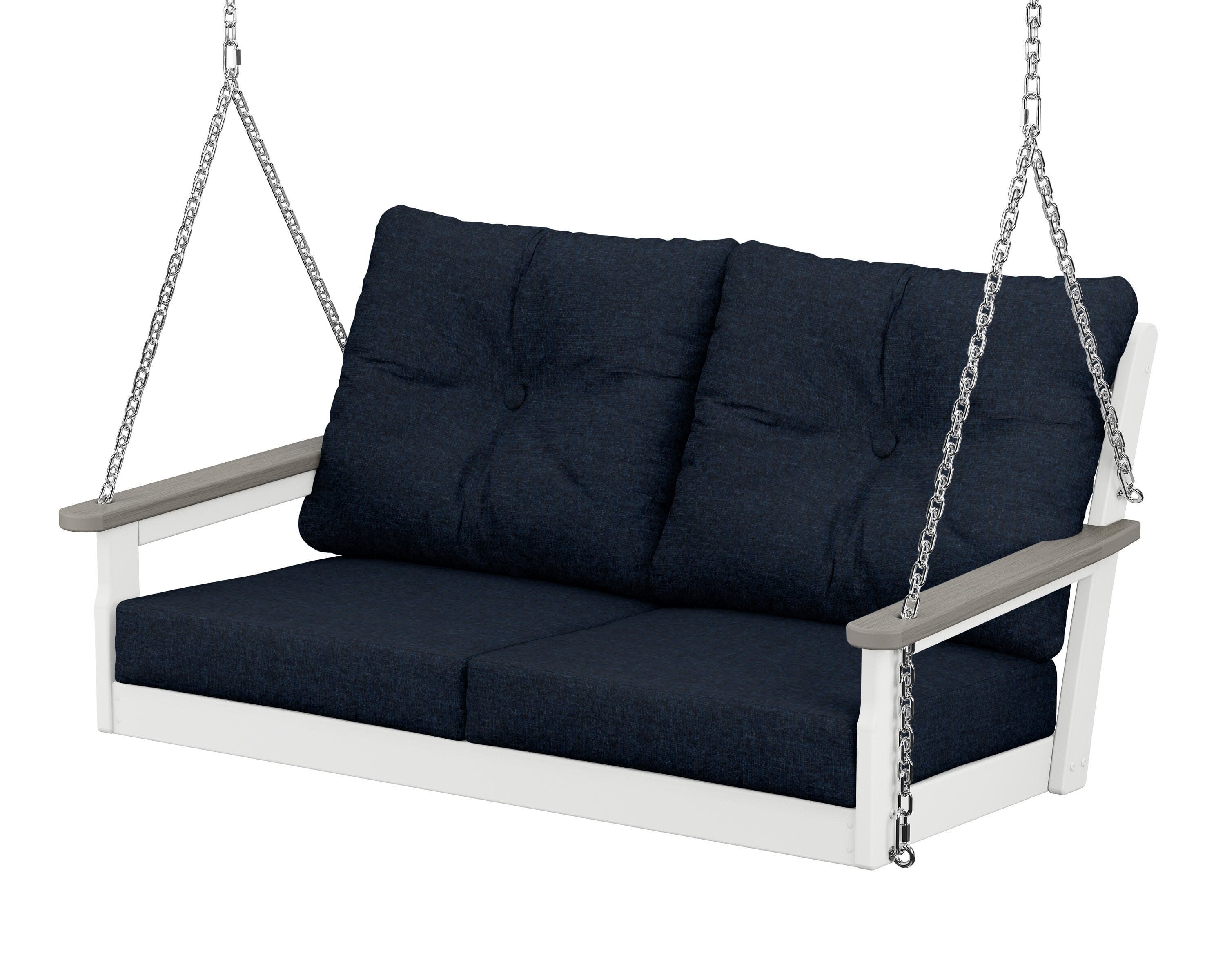 Vineyard Deep Seating Swing in White / Driftwood / Marine Indigo