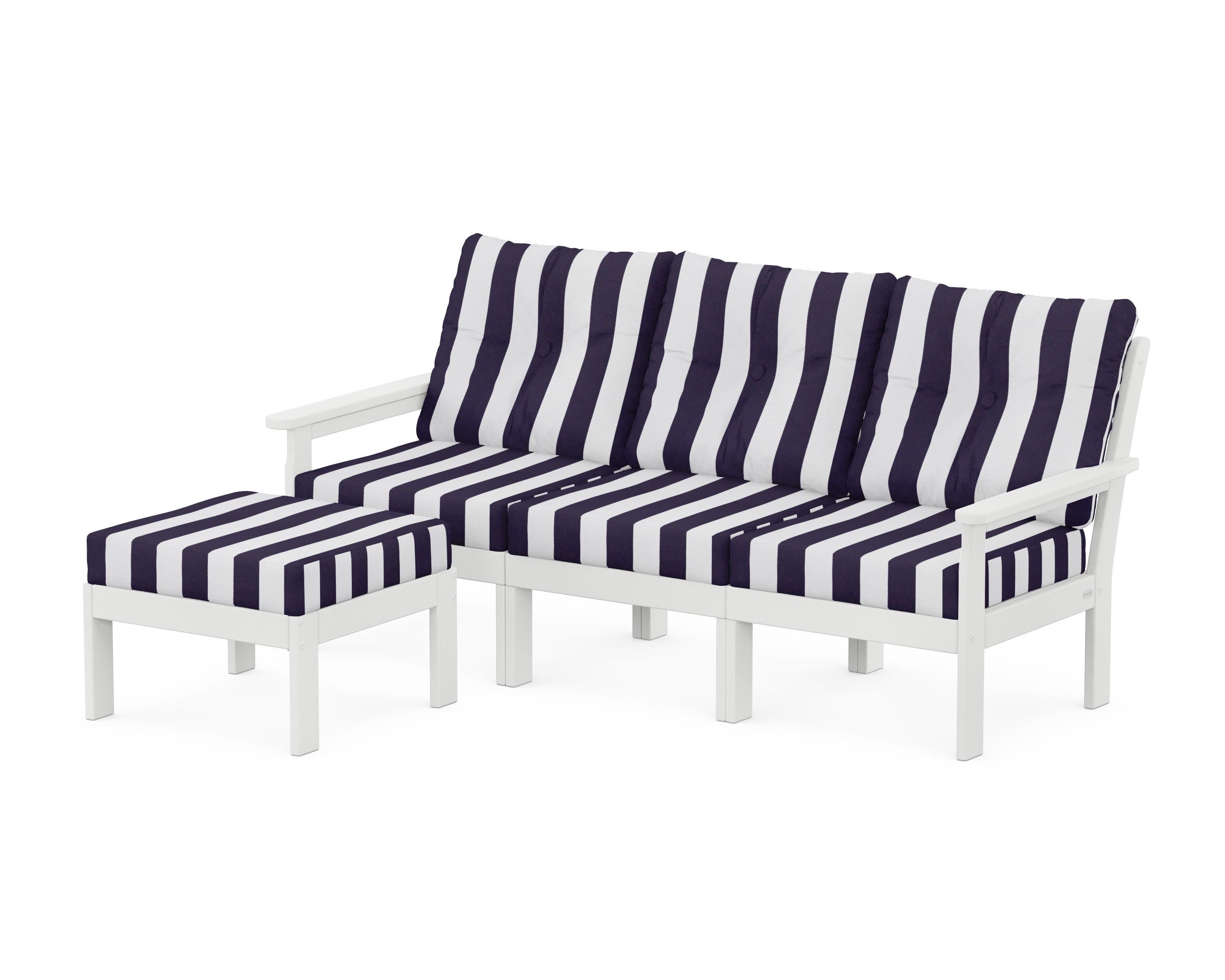 Vineyard 4-Piece Sectional with Ottoman in White / Cabana Stripe Navy