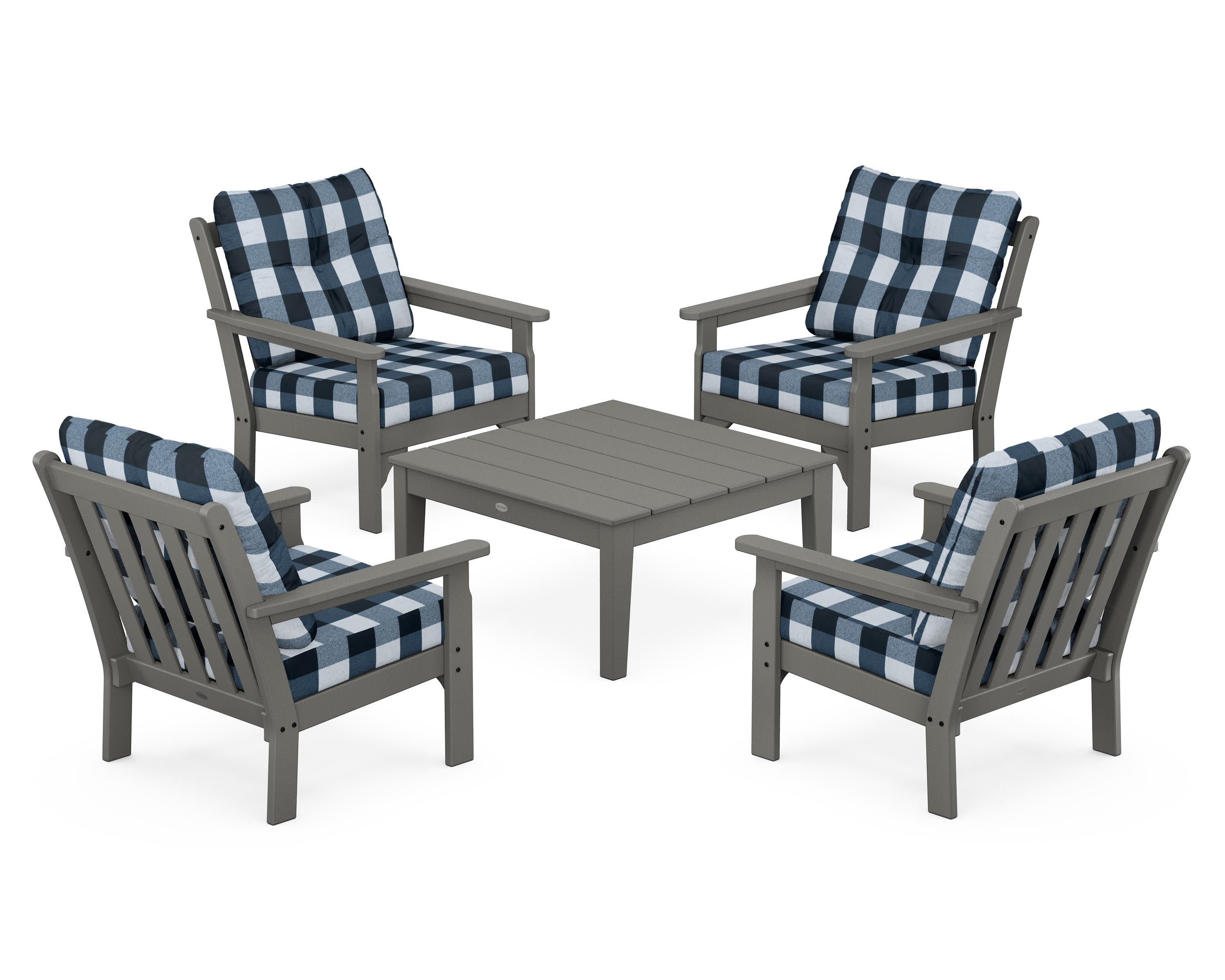 Vineyard 5-Piece Deep Seating Conversation Set in Slate Grey / Buffalo Plaid Marine Indigo