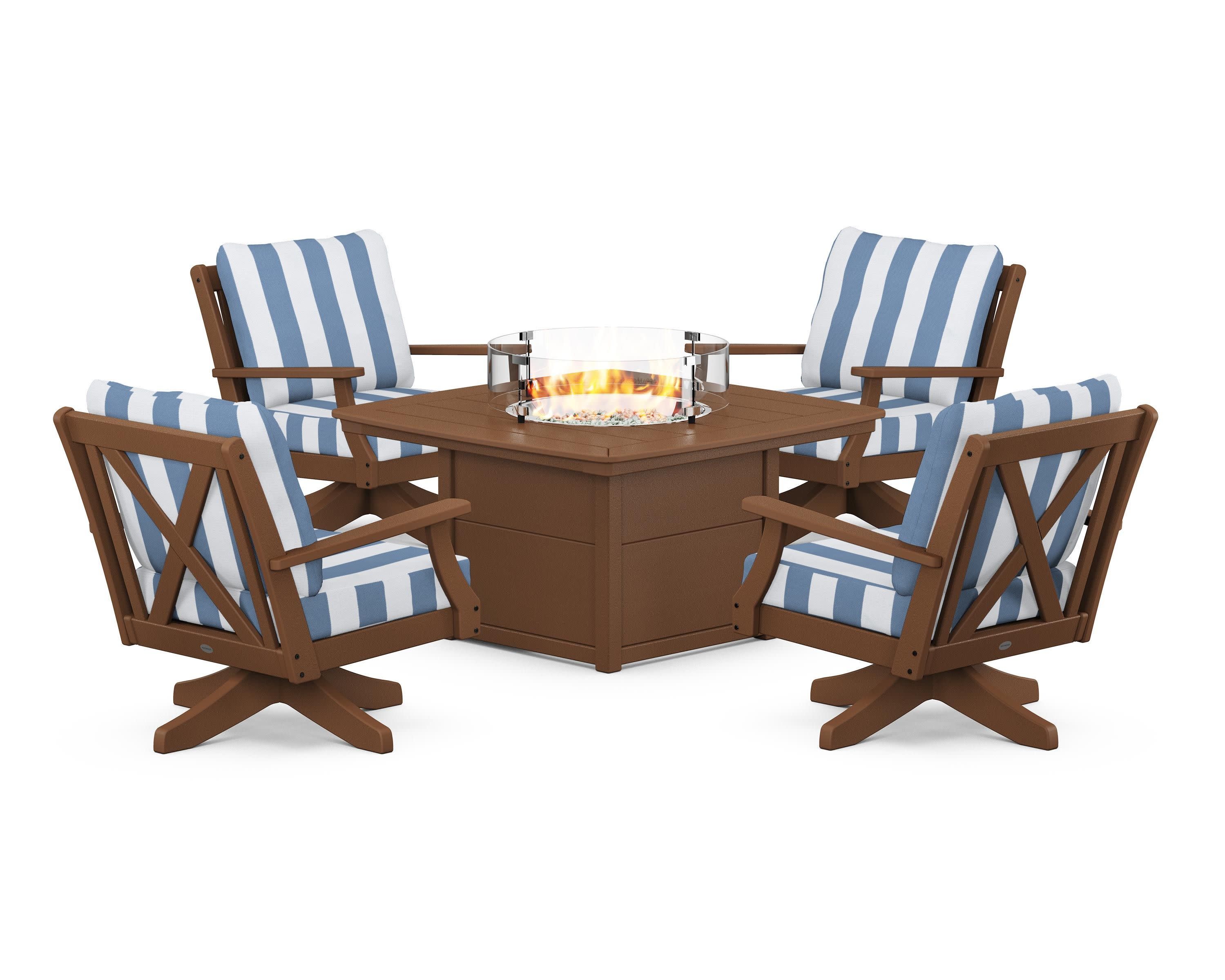Braxton 5-Piece Deep Seating Swivel Conversation Set with Fire Pit Table in Teak / Cabana Stripe Sky Blue