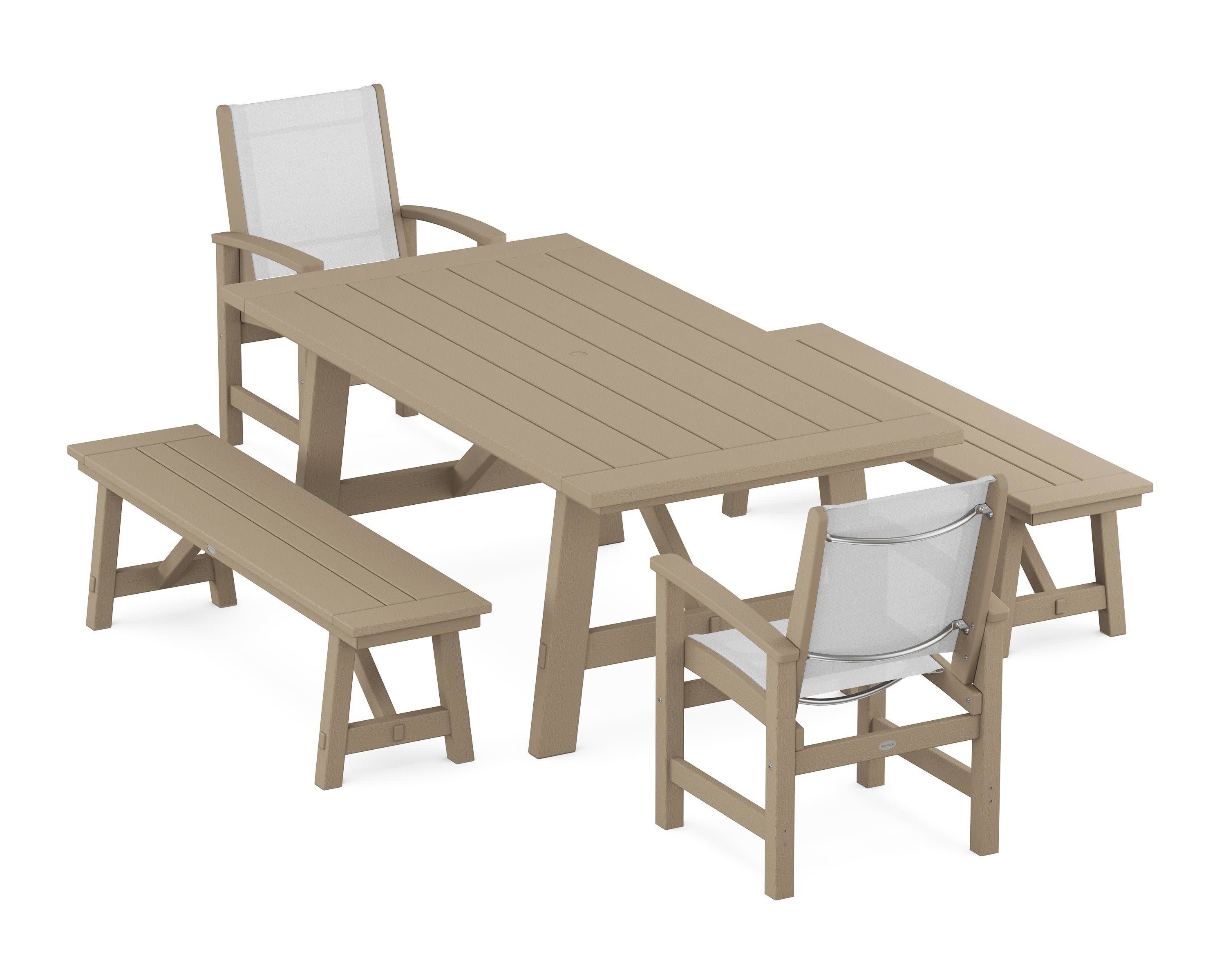 Coastal 5-Piece Rustic Farmhouse Dining Set With Benches in Vintage Sahara / White Sling