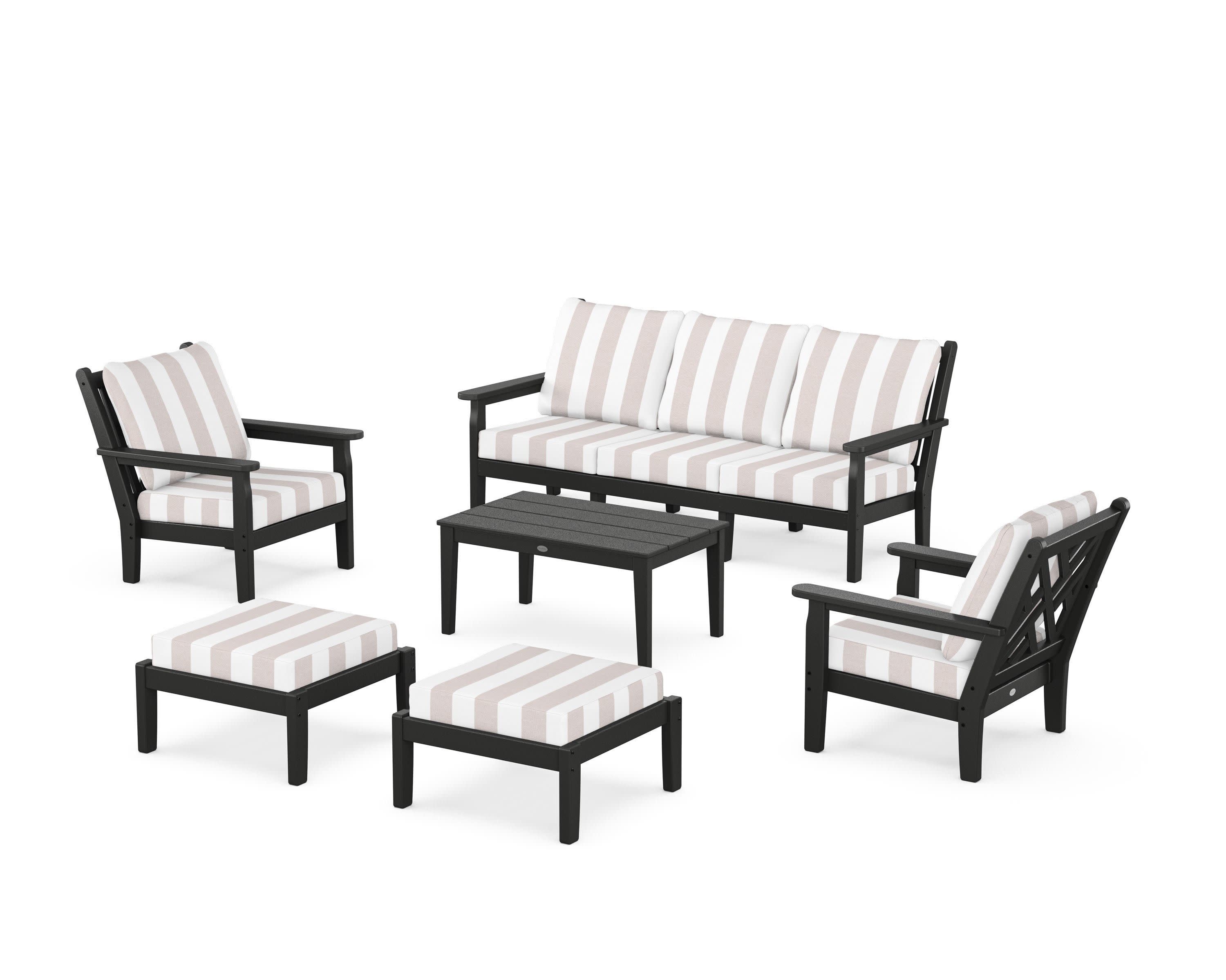 Chippendale 6-Piece Lounge Sofa Set in Black / Cabana Stripe Dune Burlap