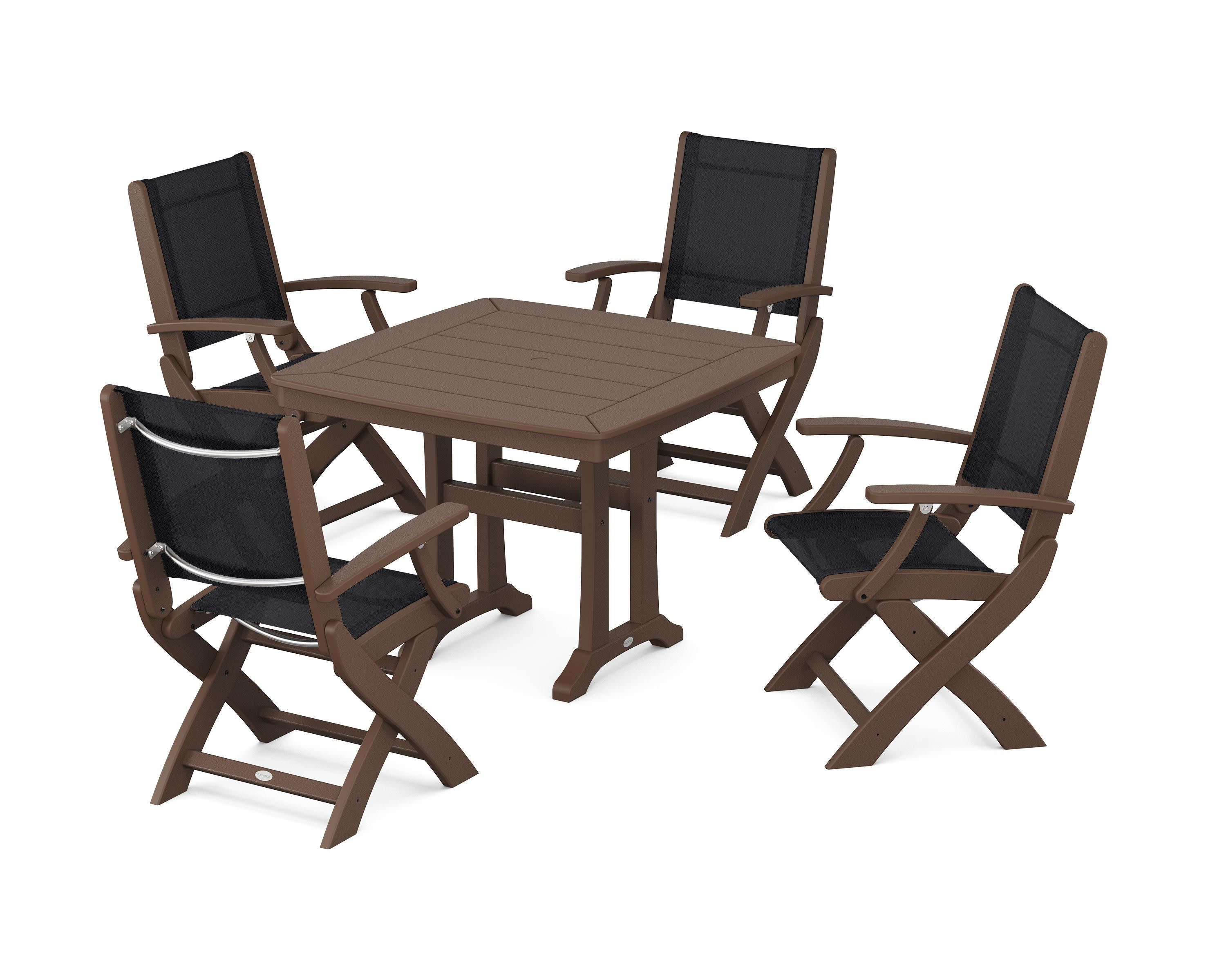 Coastal Folding Chair 5-Piece Dining Set with Trestle Legs in Mahogany / Black Sling