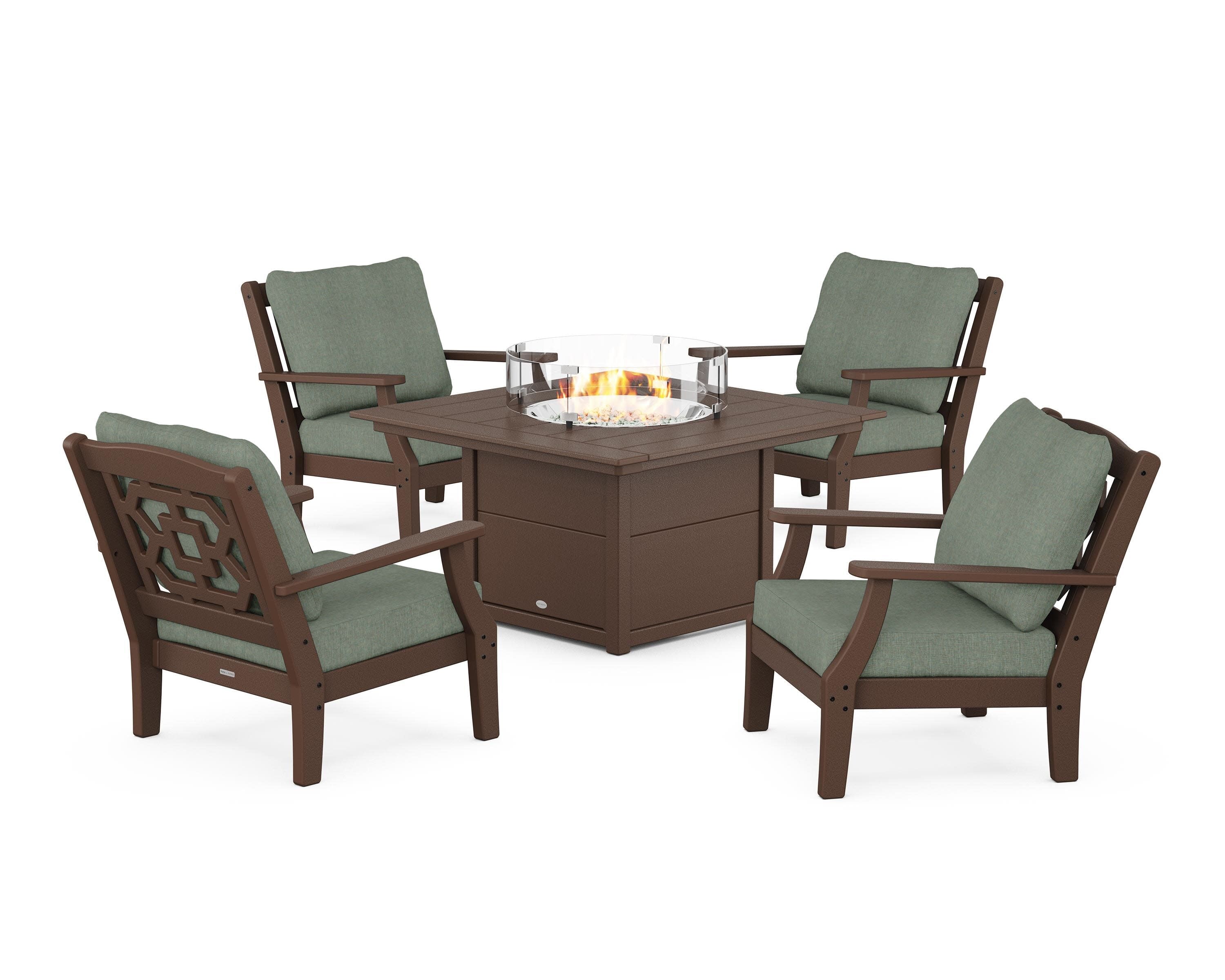 Chinoiserie 5-Piece Deep Seating Set with Fire Pit Table in Mahogany / Cast Sage