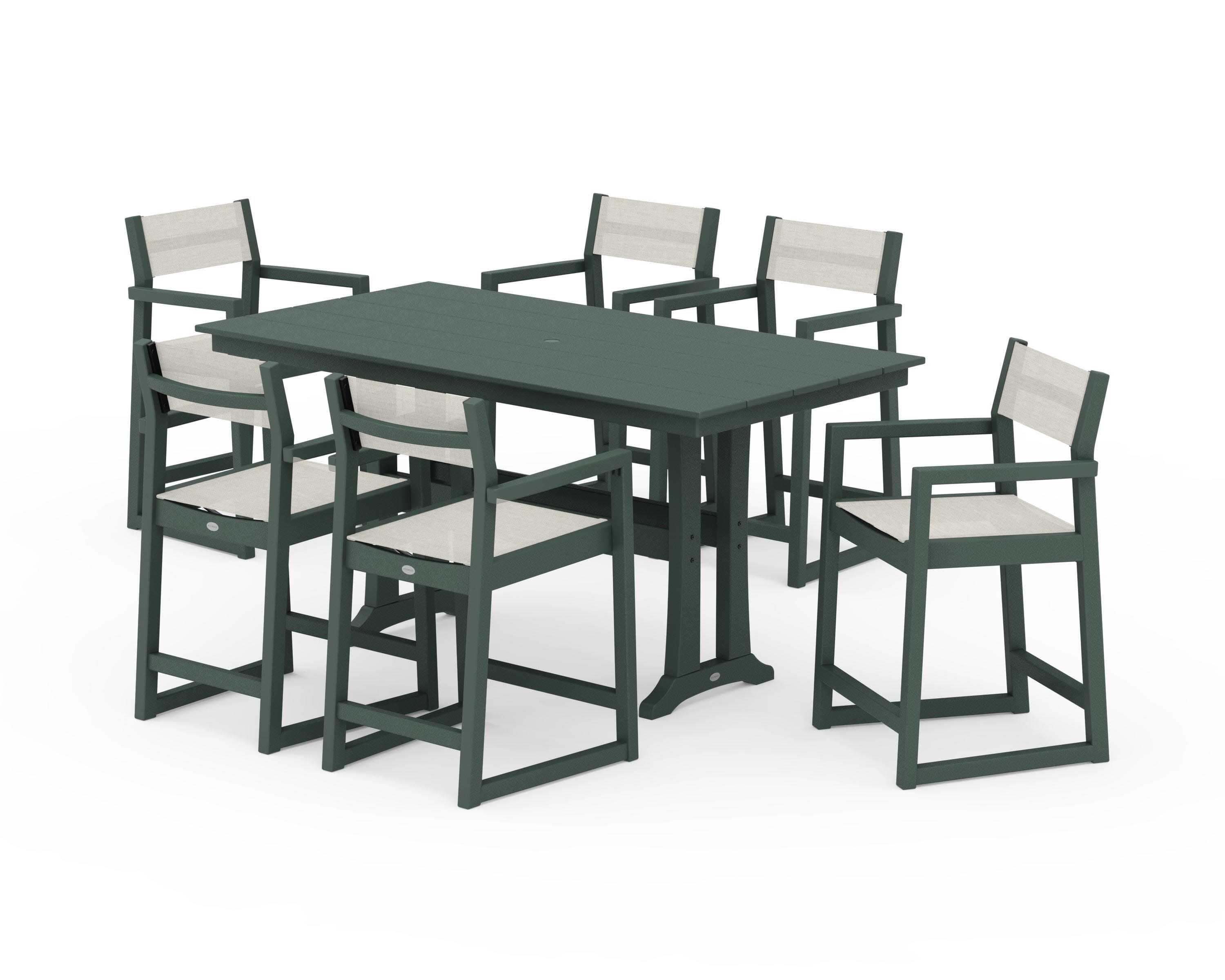 EDGE Sling Arm Chair 7-Piece Farmhouse Counter Set with Trestle Legs in Green / Parchment Sling