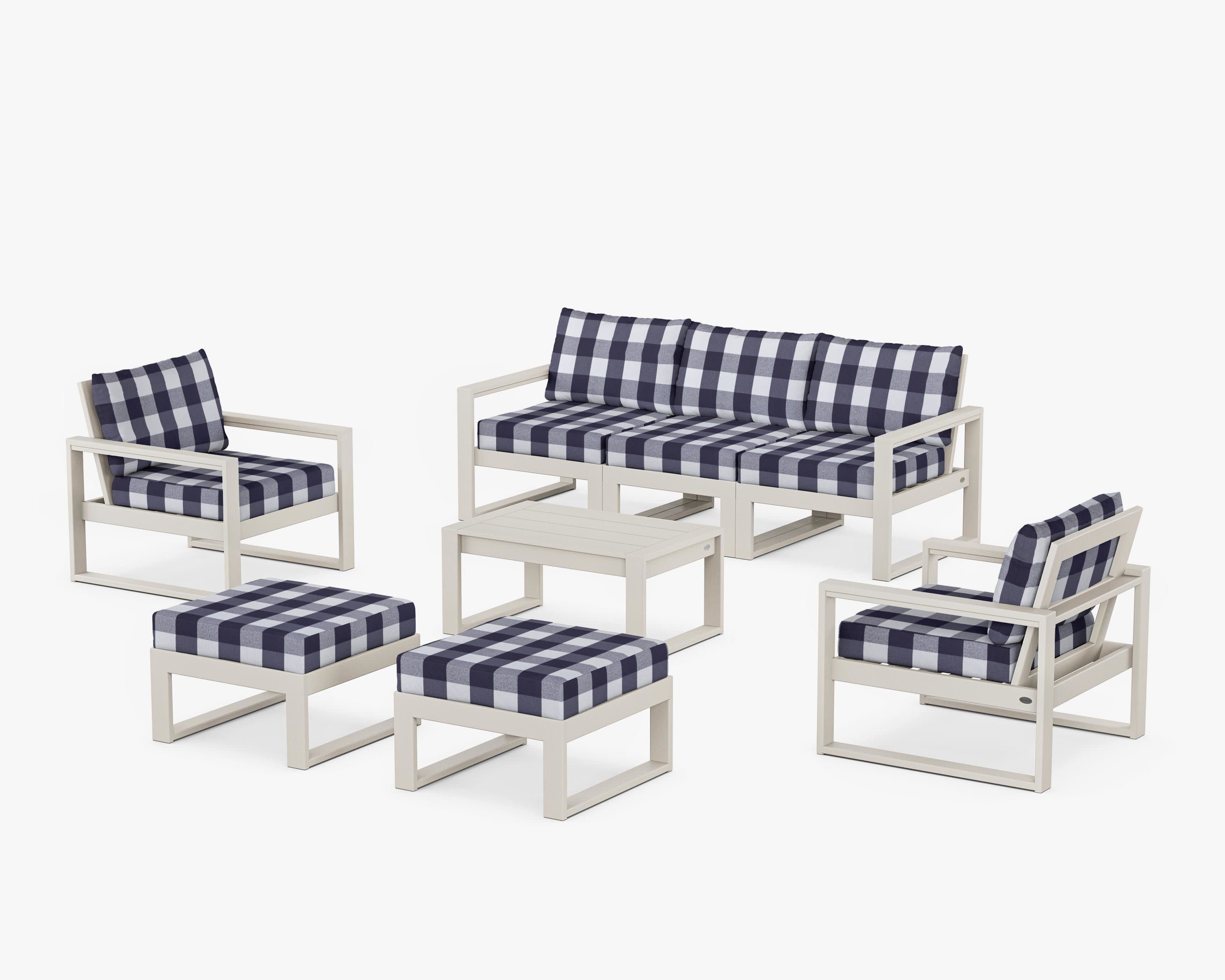 EDGE Sectional 8-Piece Lounge Sofa Set in Sand / Buffalo Plaid Navy