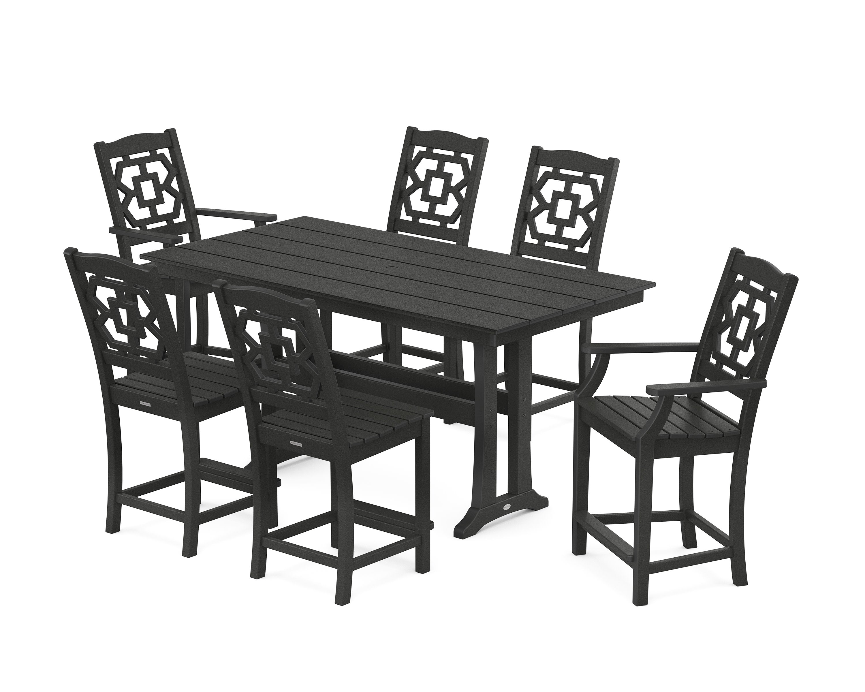 Chinoiserie 7-Piece Farmhouse Counter Set with Trestle Legs in Black