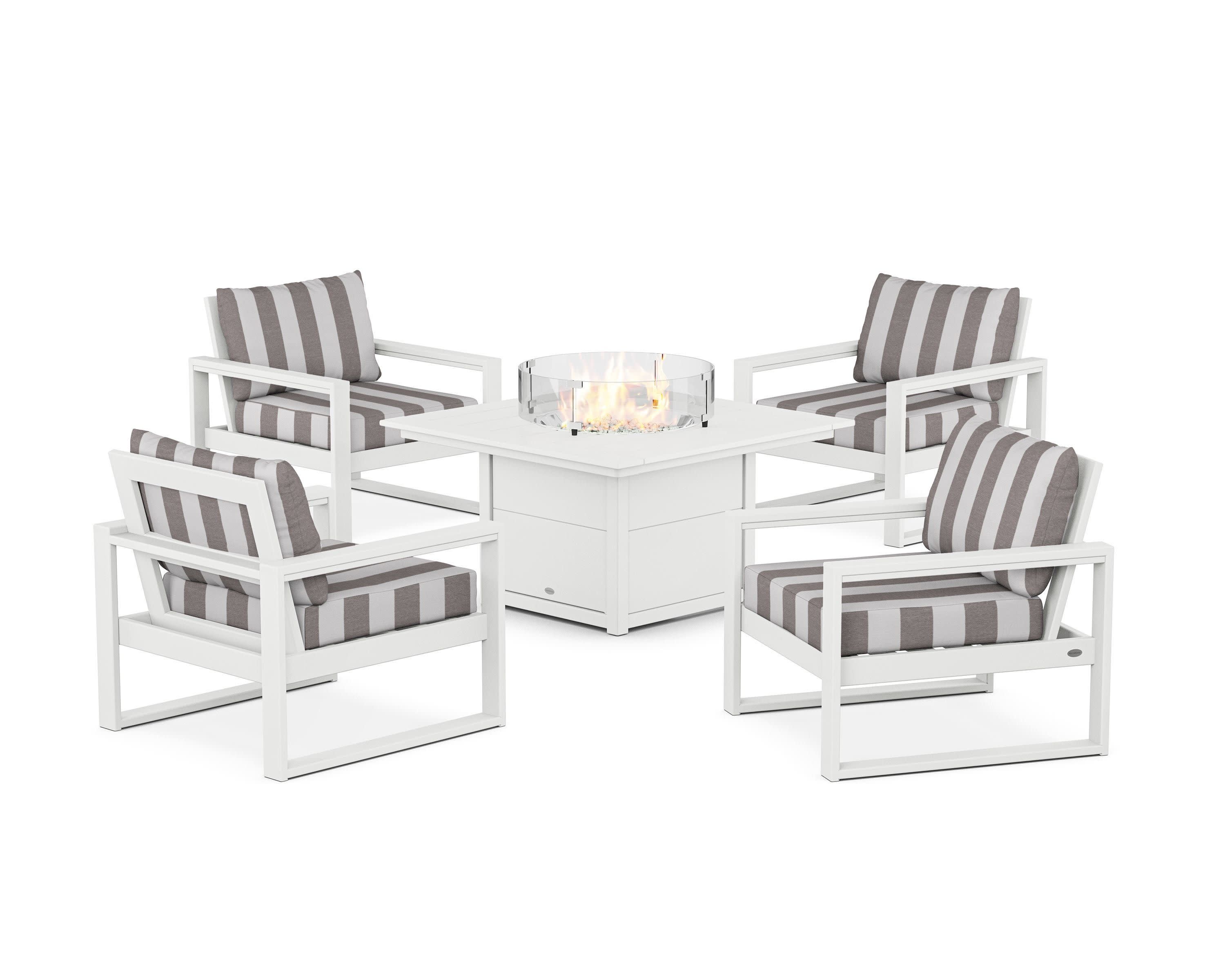 EDGE Sectional 5-Piece Deep Seating Set with Fire Pit Table in White / Cabana Stripe Grey Mist