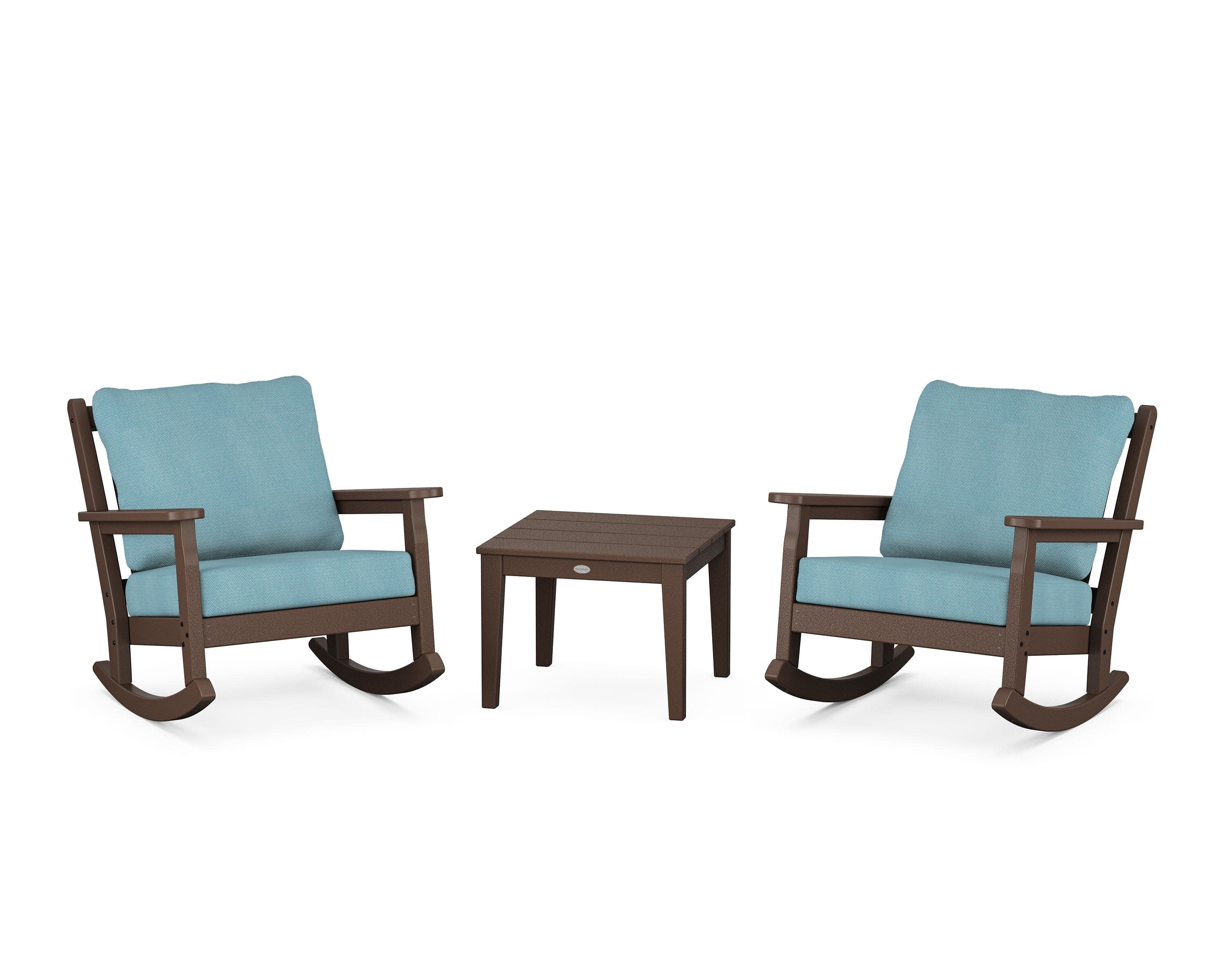 Chippendale 3-Piece Deep Seating Rocker Set in Mahogany / Lattice Sky Blue