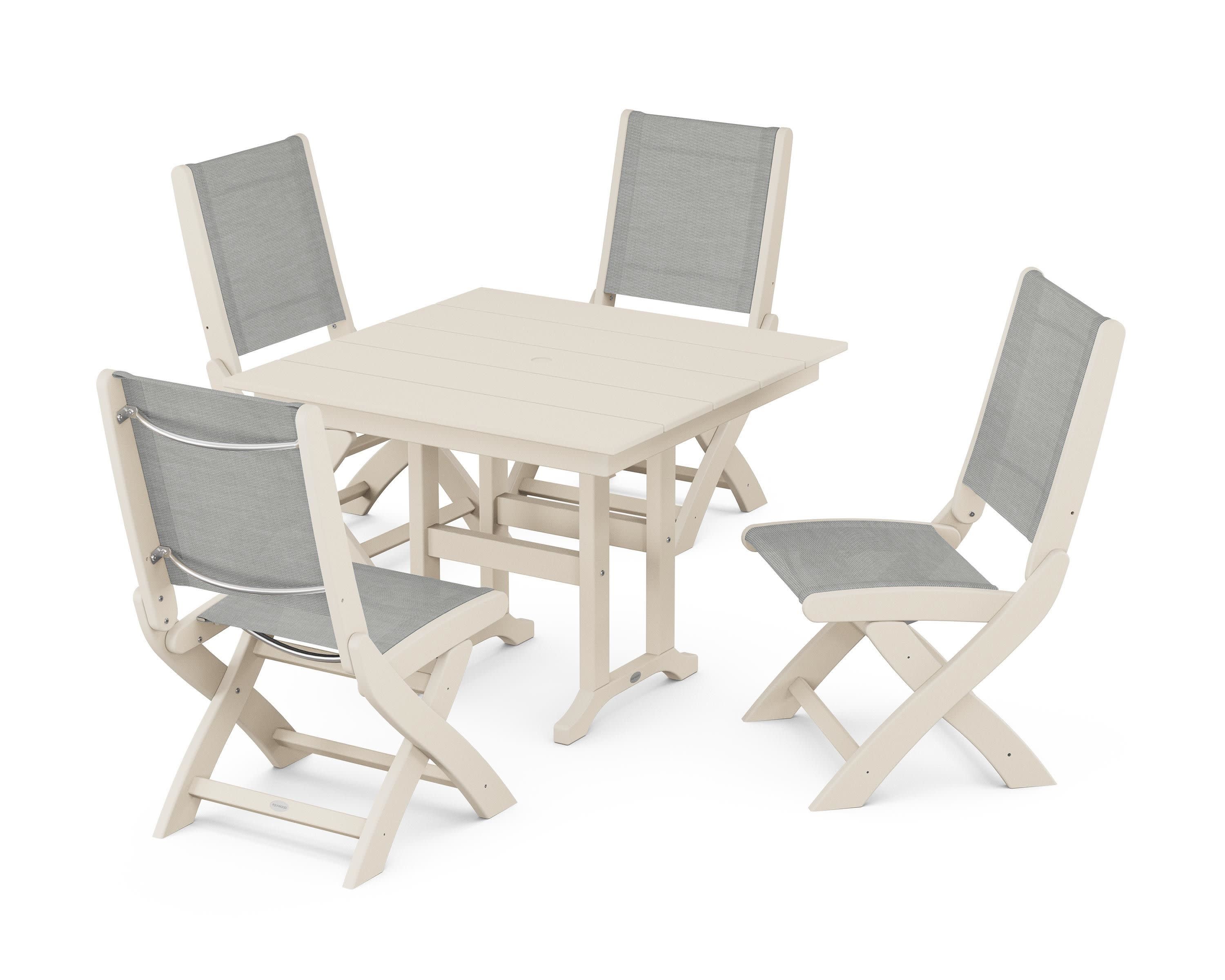 Coastal Folding Side Chair 5-Piece Farmhouse Dining Set in Sand / Metallic Sling