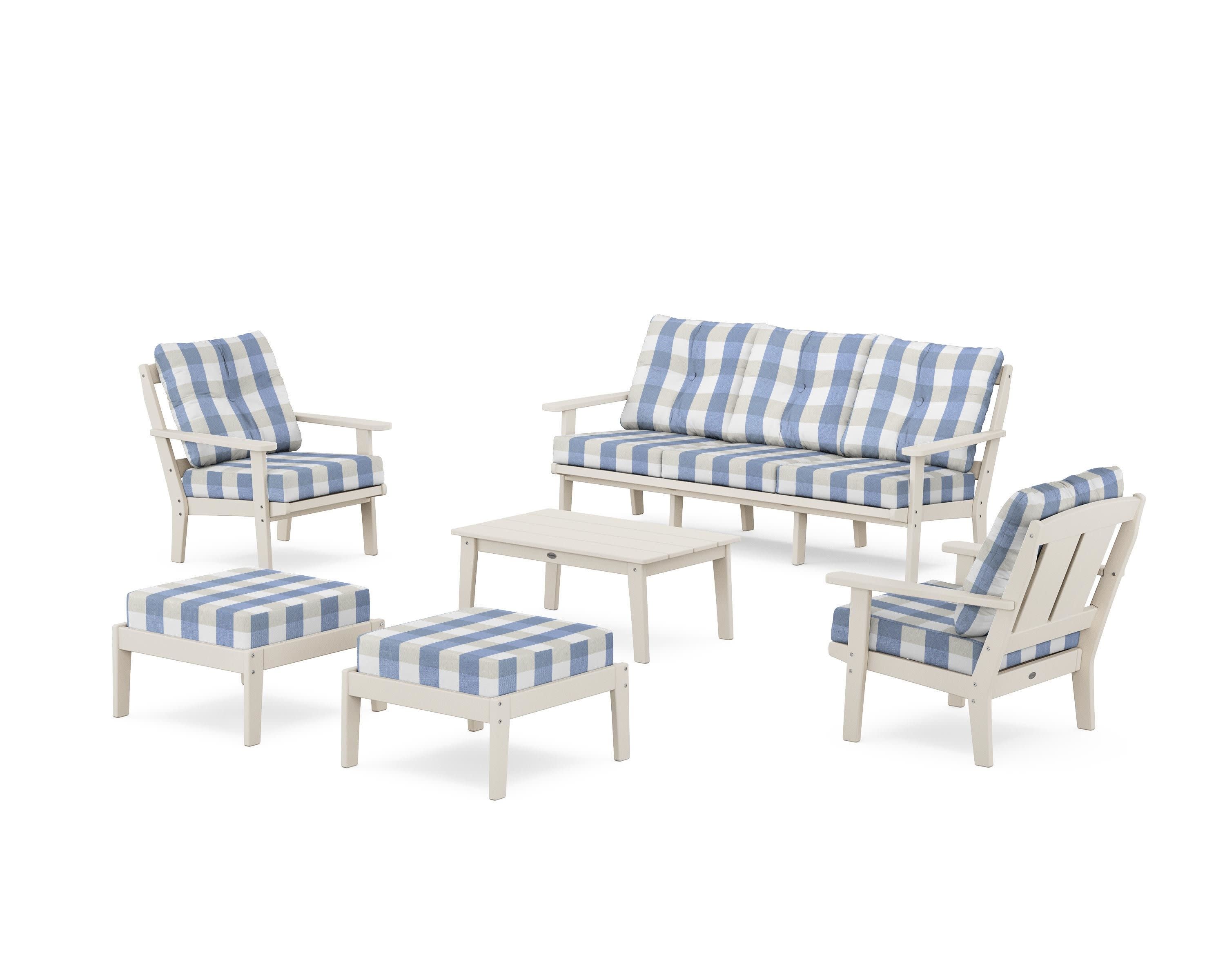 Mission 6-Piece Lounge Sofa Set in Sand / Buffalo Plaid Sky Blue