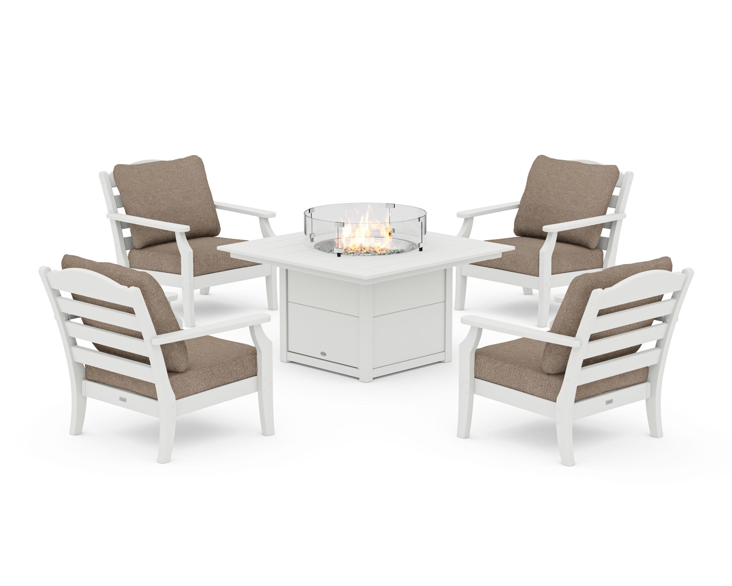 Savannah 5-Piece Deep Seating Set with Fire Pit Table in Vintage White / Spiced Burlap