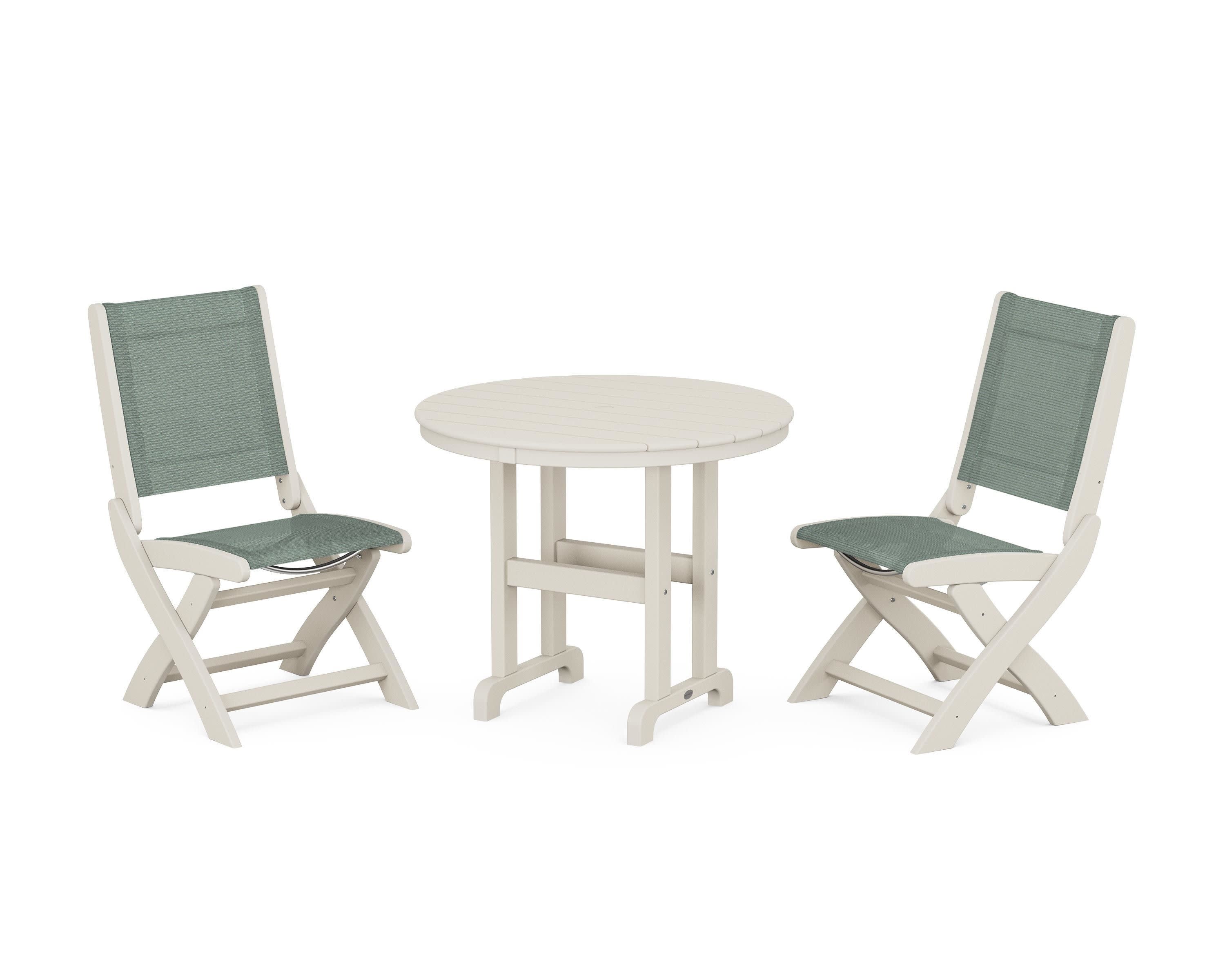 Coastal Folding Side Chair 3-Piece Round Dining Set in Sand / Dupioni Sea Mist Sling