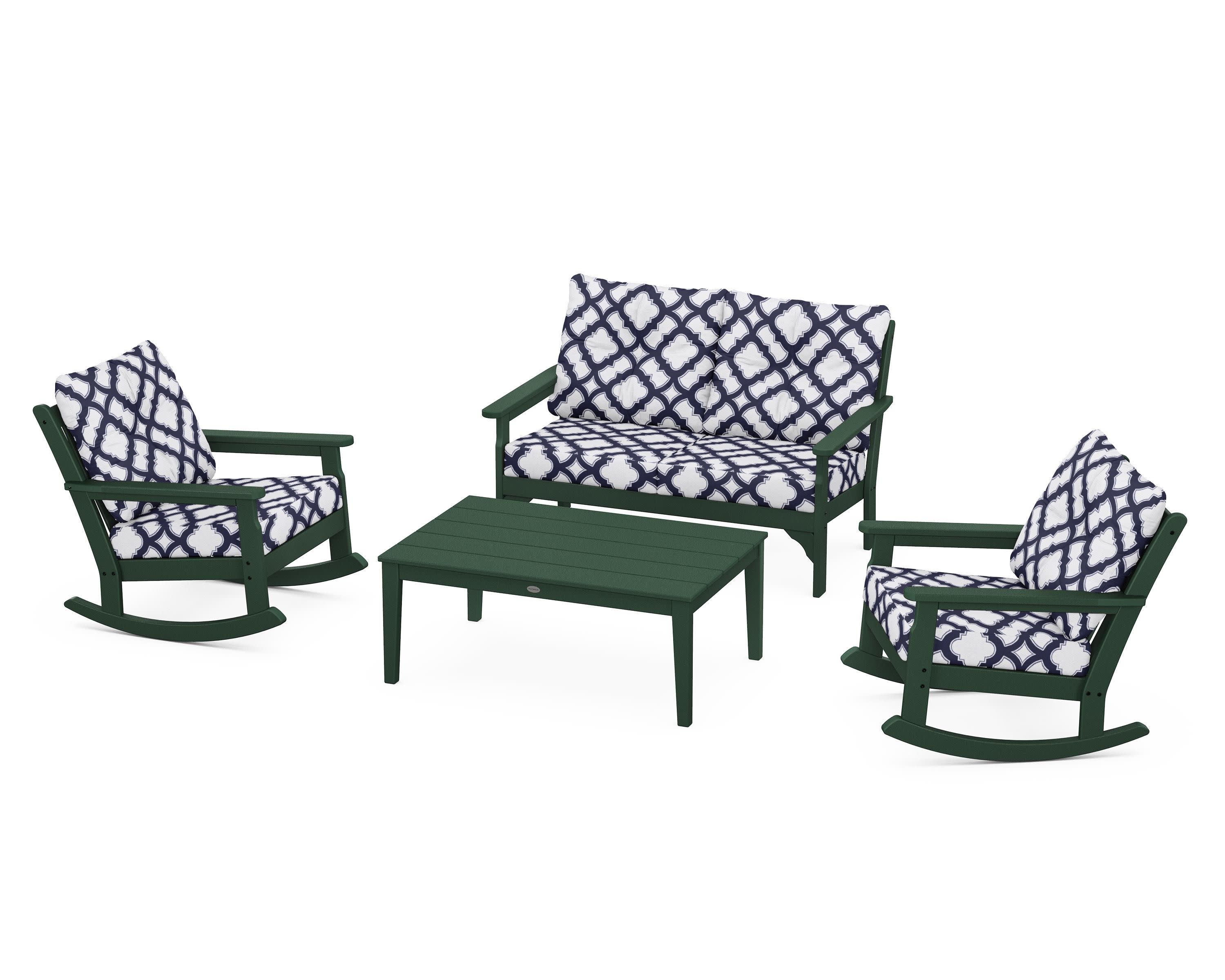 Vineyard 4-Piece Deep Seating Rocking Chair Set in Green / Trellis Navy