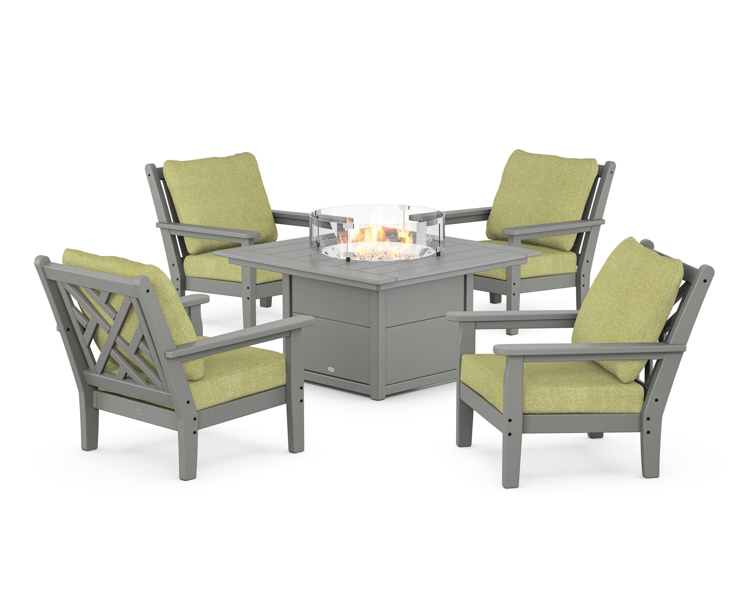 Chippendale 5-Piece Deep Seating Set with Fire Pit Table in Slate Grey / Chartreuse Boucle