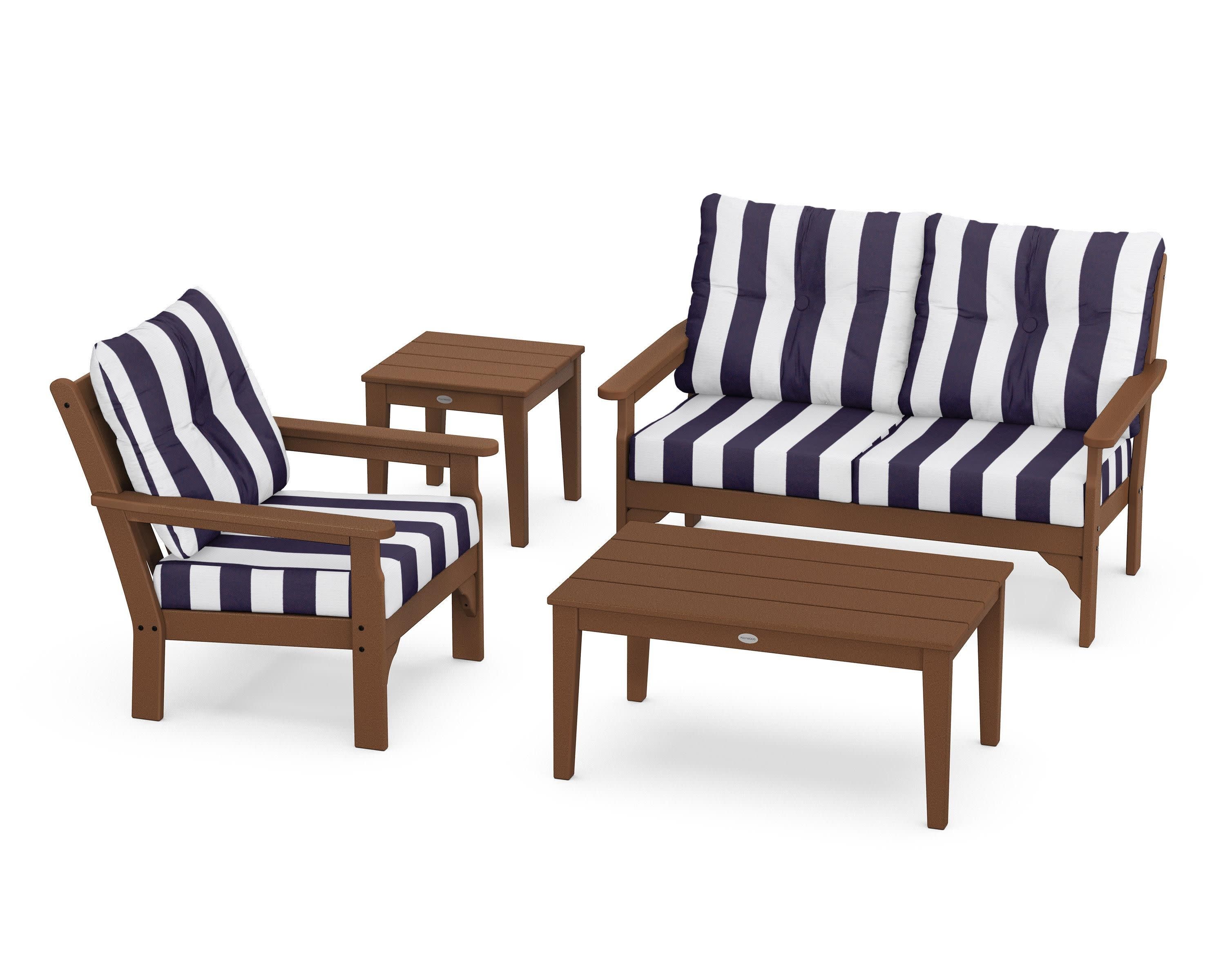 Vineyard 4-Piece Deep Seating Set in Teak / Cabana Stripe Navy