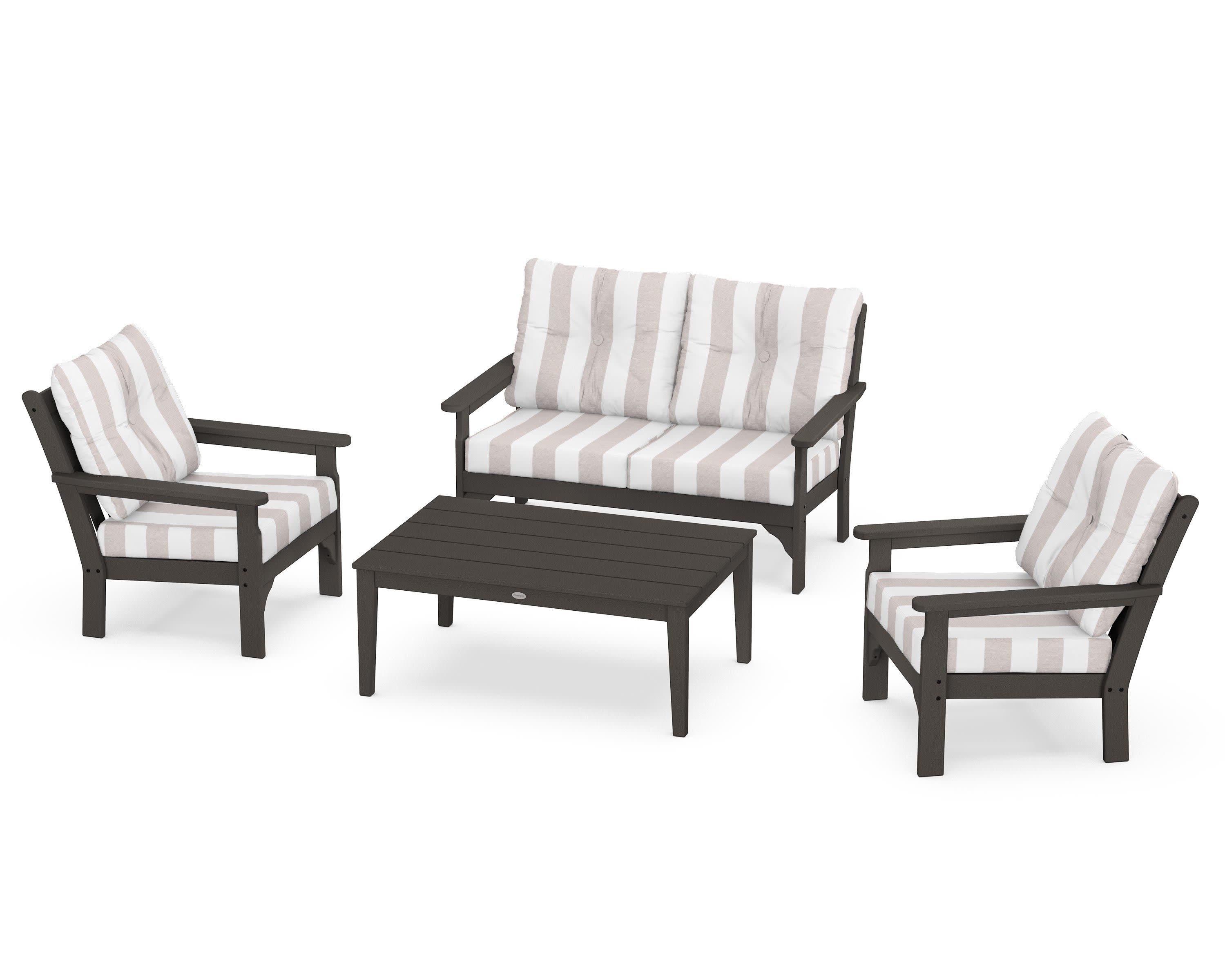 Vineyard 4-Piece Deep Seating Set in Vintage Coffee / Cabana Stripe Dune Burlap